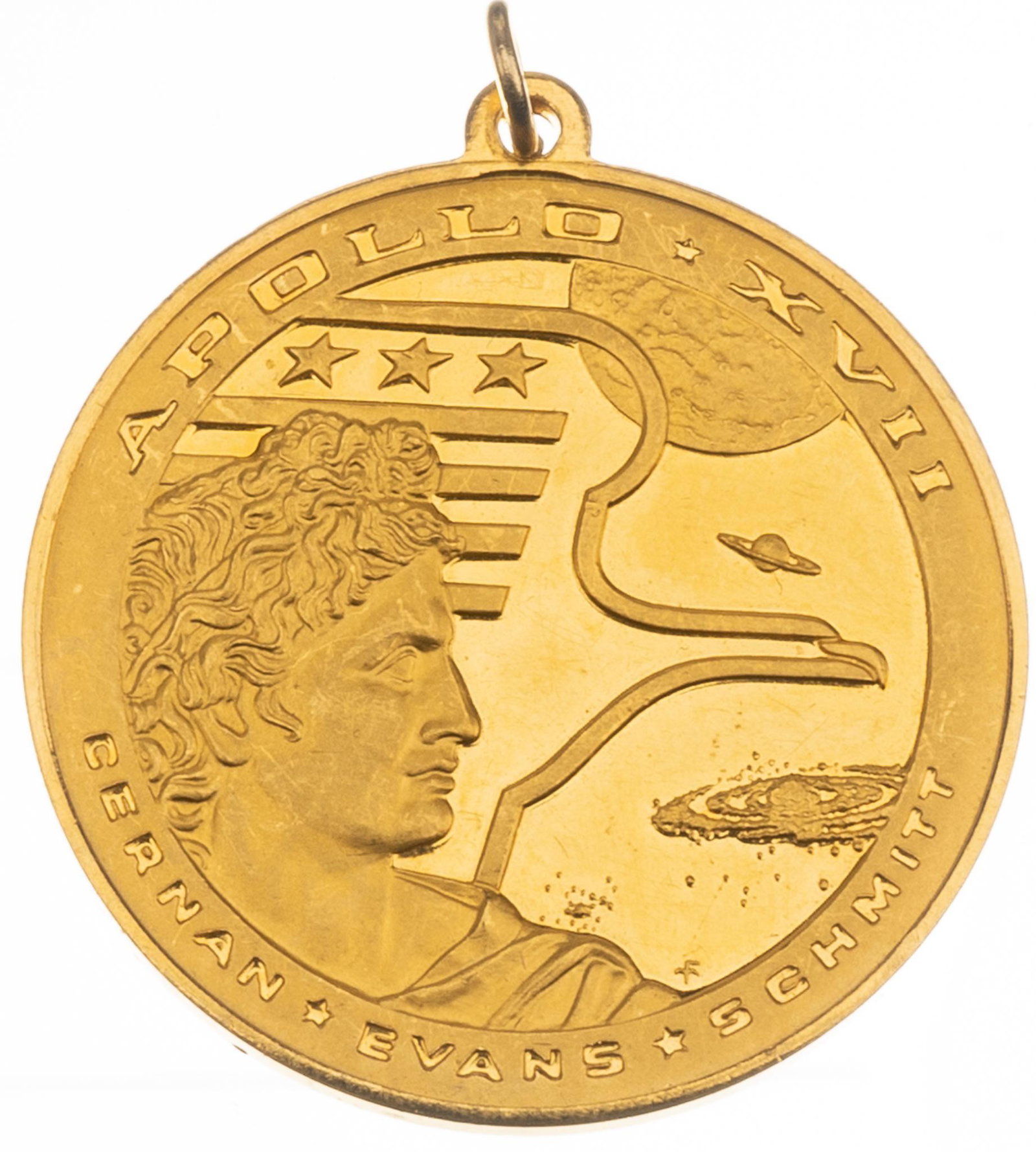 1973 Franklin Mint Apollo XVII 18k Gold Medal: 1973 Franklin Mint issue 18k gold medal commemorating Apollo XVII. Diameter 1 1/4"; total weight 16.0 grams Provenance: The Woodlands, Texas Estate We happily provide seamless shipping services on