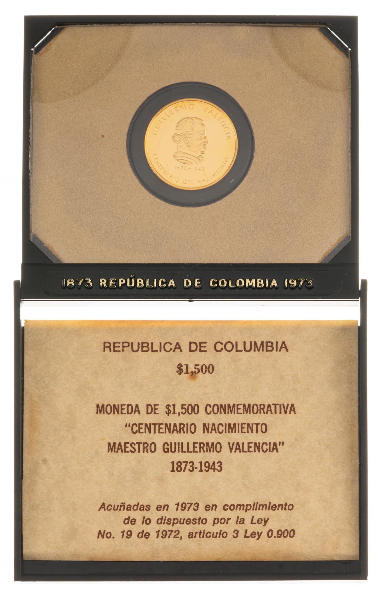 1973 Guillermo Valencia Republic Colombia Gold Coin: Includes: -1973 1500 mil quinientos pesos gold coin from Colombia Provenance: A San Antonio, Texas estate We will happily provide seamless shipping services on this lot. Please email us at shipping