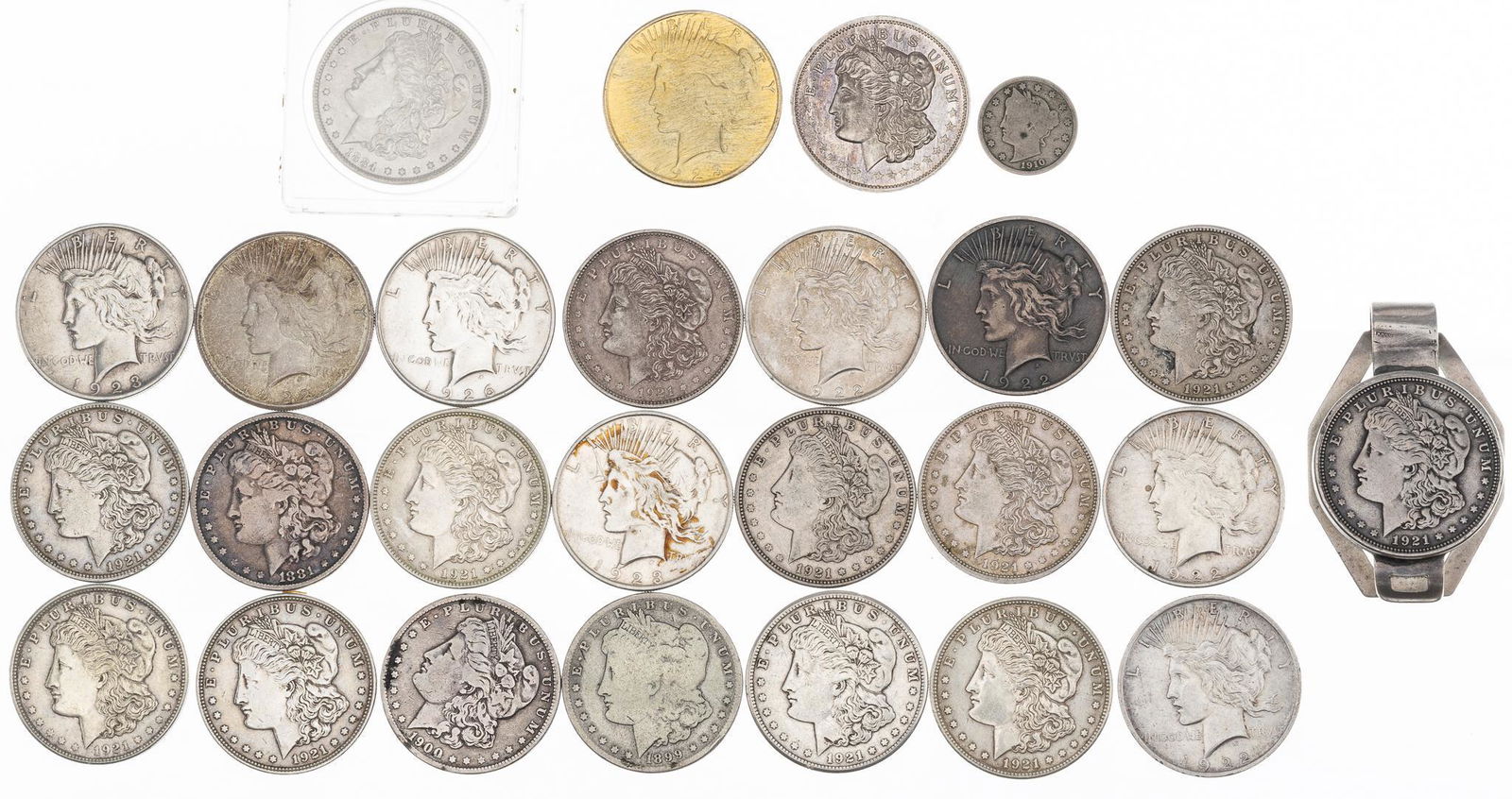 Collection US Morgan Peace Silver Dollar Coins: Collection of coins includes Morgan and Peace silver dollars with dates of 1881, 1884, 1889, 1900, 1921,1922, 1923, and 1926; as well as a sterling set money clip, gold plated coin, .999 fine silver &