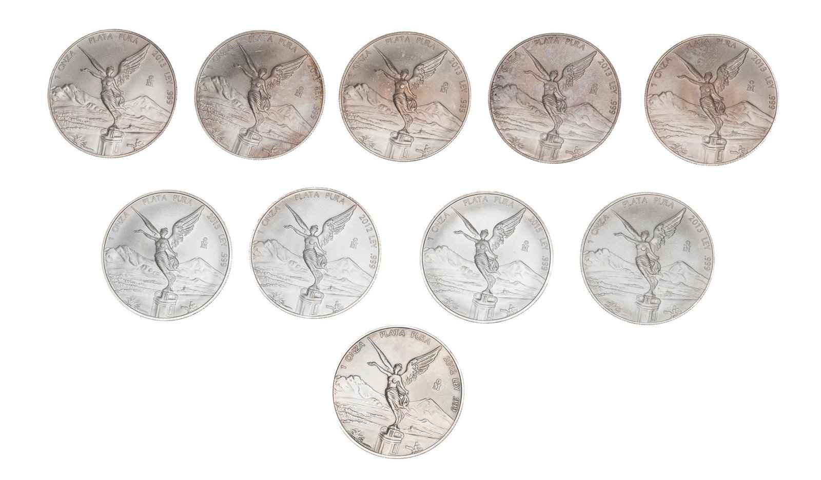 Collection of 10 Mexican 1 Oz Silver Coins: Includes: -10 Mexican 1oz. silver coins Provenance: A San Antonio, Texas estate Nationwide in-house shipping is available on this item. Please email shipping@vogtauction.com or call 210-971-5750 f