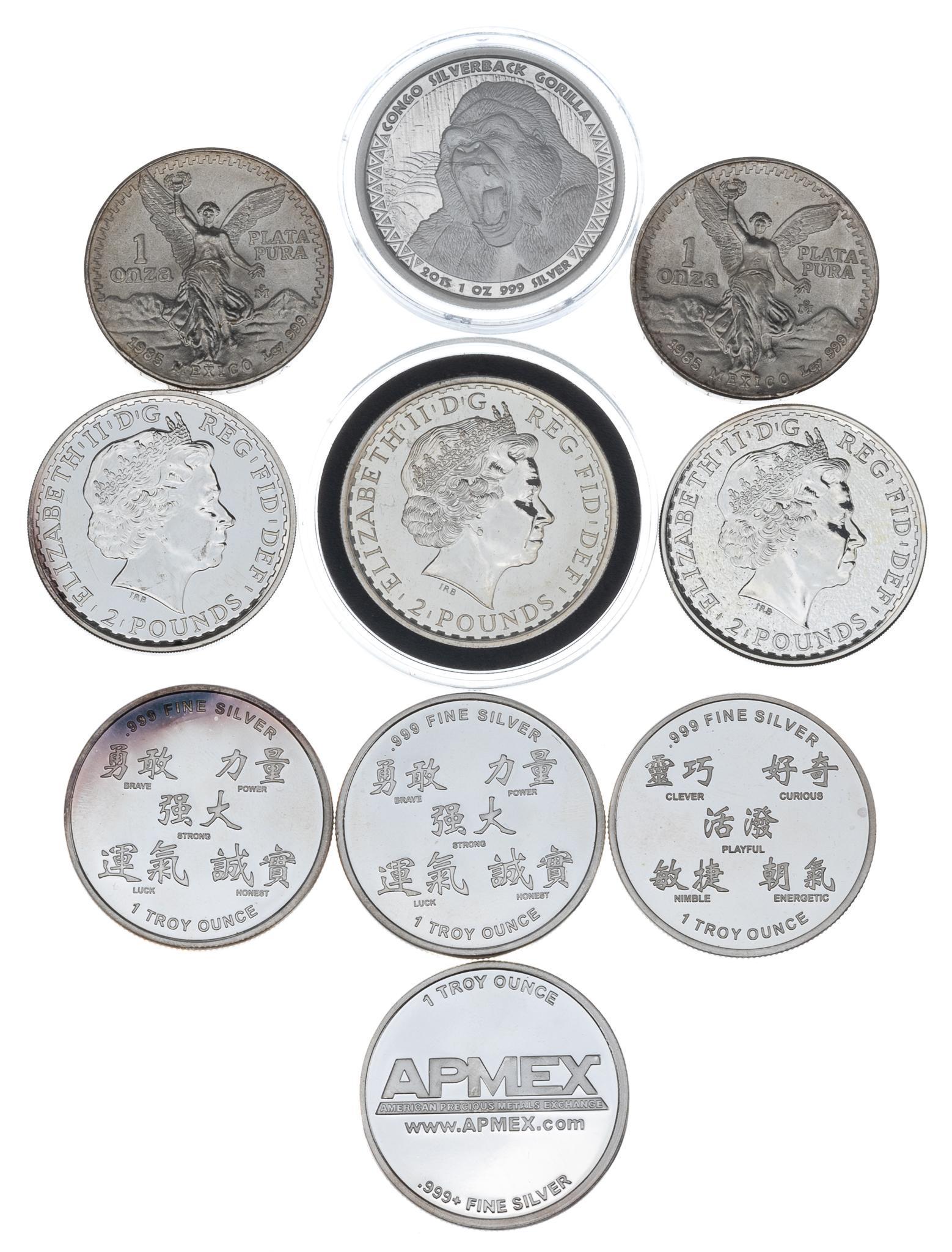 Collection of 10 International Silver Coins: Includes: -3 British silver 1oz. coins -3 Chinese silver 1oz. coins -1 APMEX silver 1oz. coin -2 Mexican silver 1oz. coins -1 Republic of the Congo silver 1oz. coin Provenance: A San Antonio, Texas es