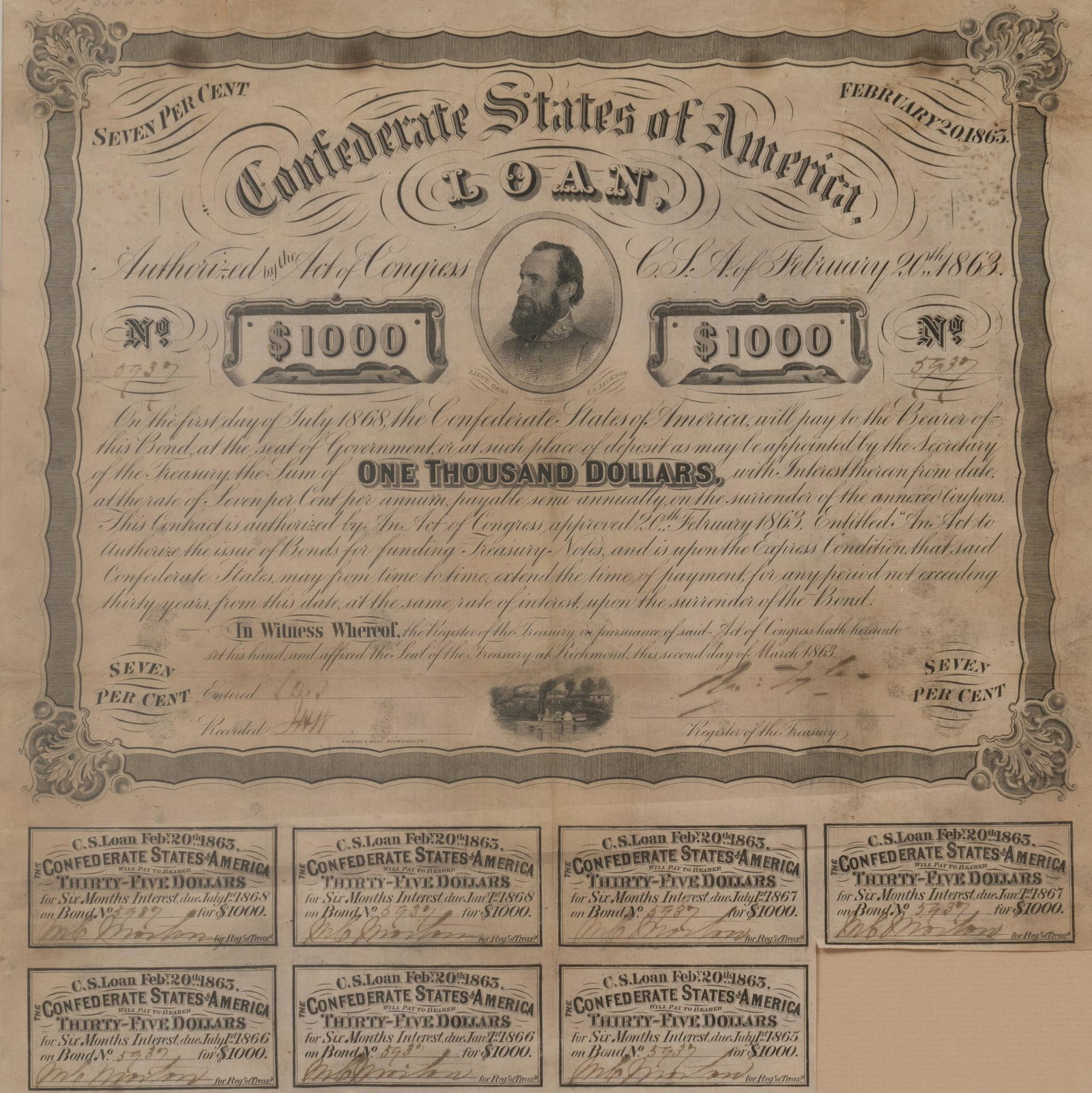 Confederate States of America $1000 Loan Certificate: Includes: Confederate States of America $1000 Loan Certificate -dated February 20, 1863 -7% interest rate -issued July 1, 1868 Measures: image size-13.75 x 13.5"; frame size-23.75 x 23.75" Con