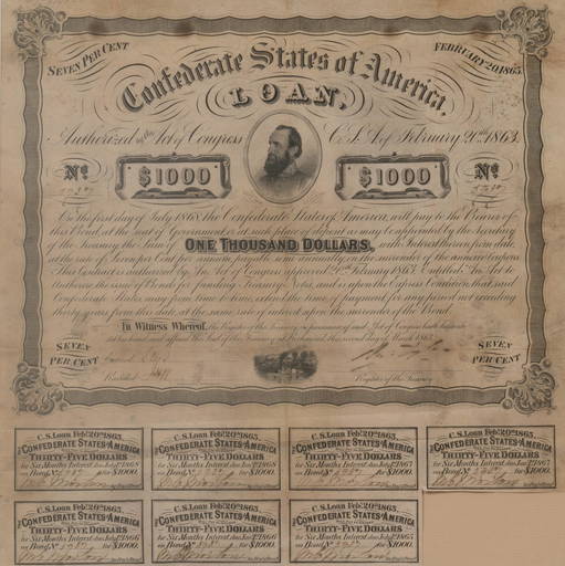 Confederate States of America $1000 Loan Certificate (#0673) on Oct 29 ...