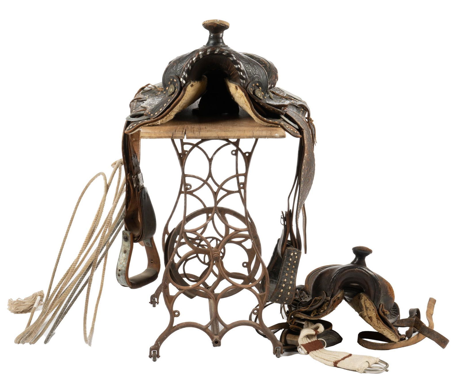 Set of (2) Saddles, Lariat and Sewing Table Stand (1 of 6)