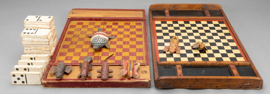 Collection of Early Games: Collection of early games, to include one early double sided checkerboard / parchisi board, one early single sided checkerboard, a set of domino tiles, featuring a collection of vintage painted animal