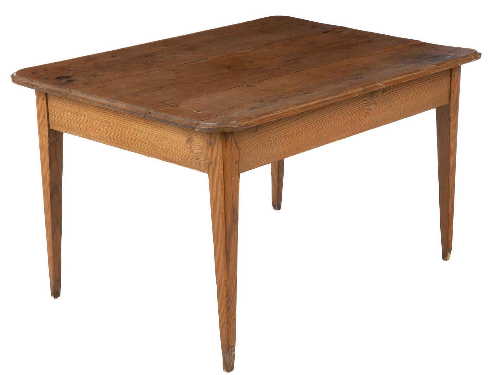Farmhouse Dining Table: Farmhouse dining table, with rectangular plank table, rising on tapered legs height 28 in. x width 48 in. x depth 35.5 in. Provenance: A Fredericksburg, Texas collection We happily provide seamless sh