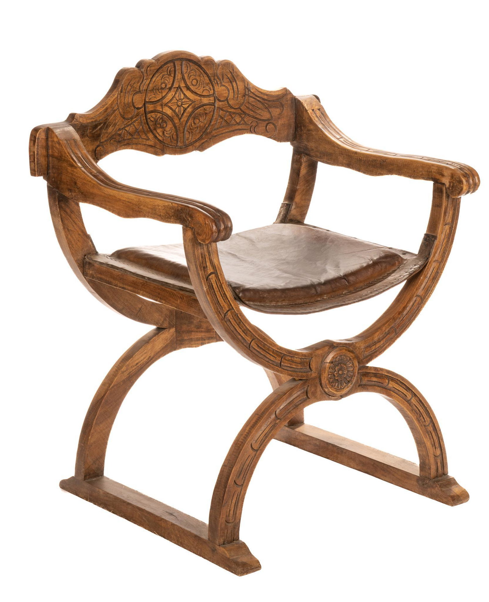 Savonarola Chair: Savonarola chair, having carved wooden frame, featuring hand-incised back, leather seat, supported on incised legs height 35 in. x width 29.5 in. x depth 23 in. / tallest We happily provide seamless s