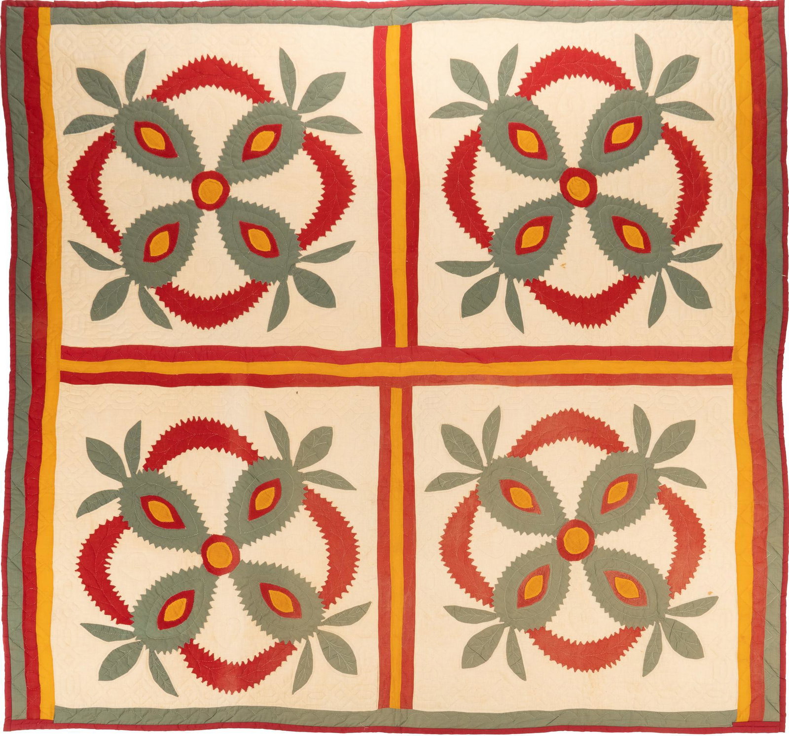 "Pomegranate" Quilt: Pomegranate pattern quilt, with four pomegranates of red, green, and yellow applique, with red and yellow sashing, hemmed all around with red fabric, white quilt backing length 81 in. x width 77.5 in.