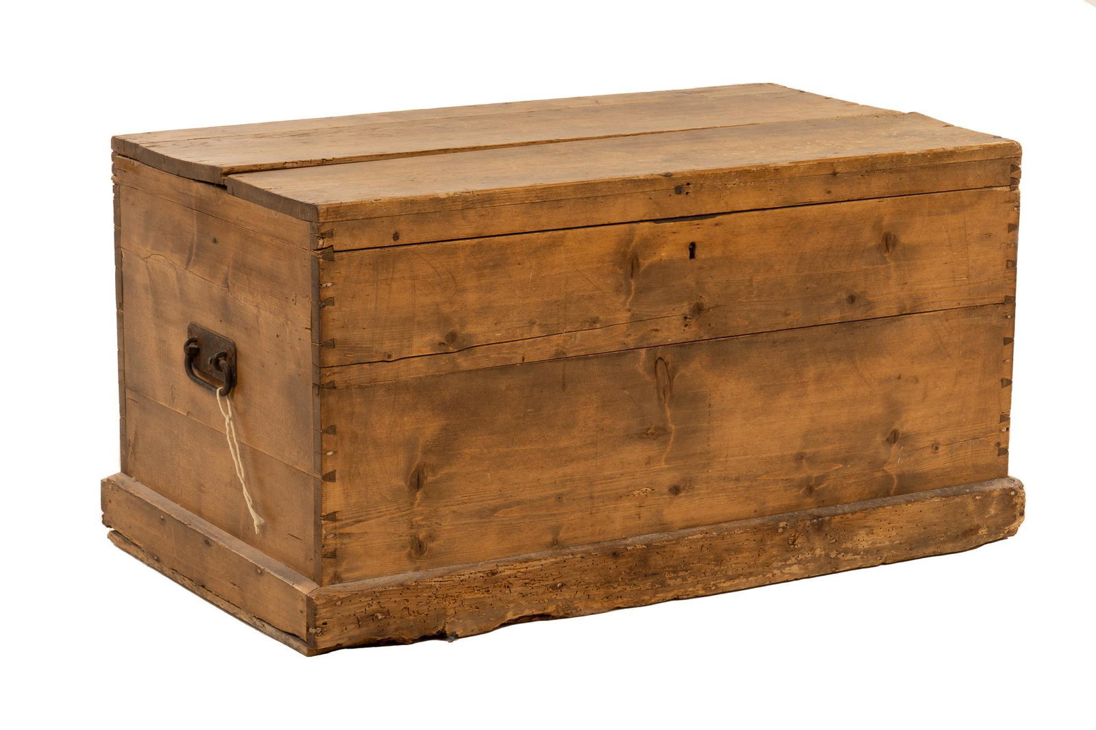 Rustic Wood Chest: Rustic wood chest, sides with dovetail joinery, hinged top with tongue and groove joinery opens to interior, one metal drop handle on either side height 19 in. x width 37 in. x depth 21 in. Provenance