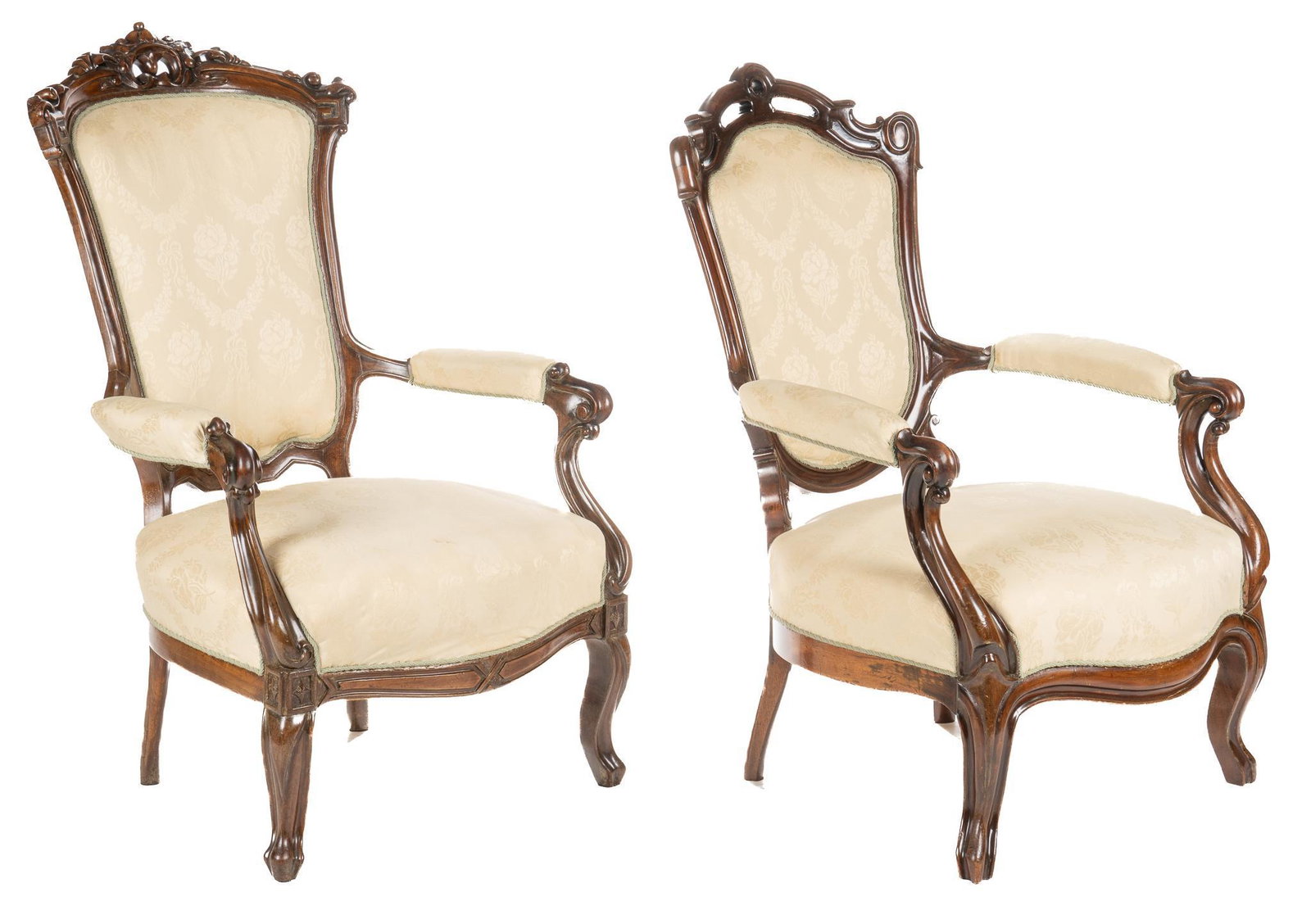 (2) Damask Arm Chairs: Two arm chairs, having matching damask upholstery, supported in near-matching carved frames, rising on cabriole legs height 41 in. x width 25.5 in. x depth 30 in. We happily provide seamless shipping 