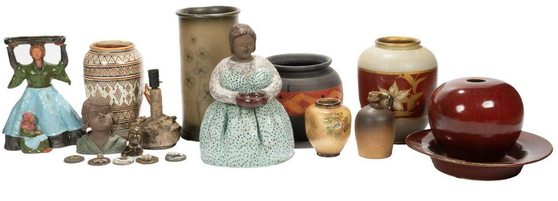 Collection of (18) Ceramic Decor: Collection of eighteen (18) ceramic decorative objects, to include vases, one lamp, one jug, two busts, two figures of women, and other miscellaneous pieces height 18 in. x diameter 9 in. / tallest