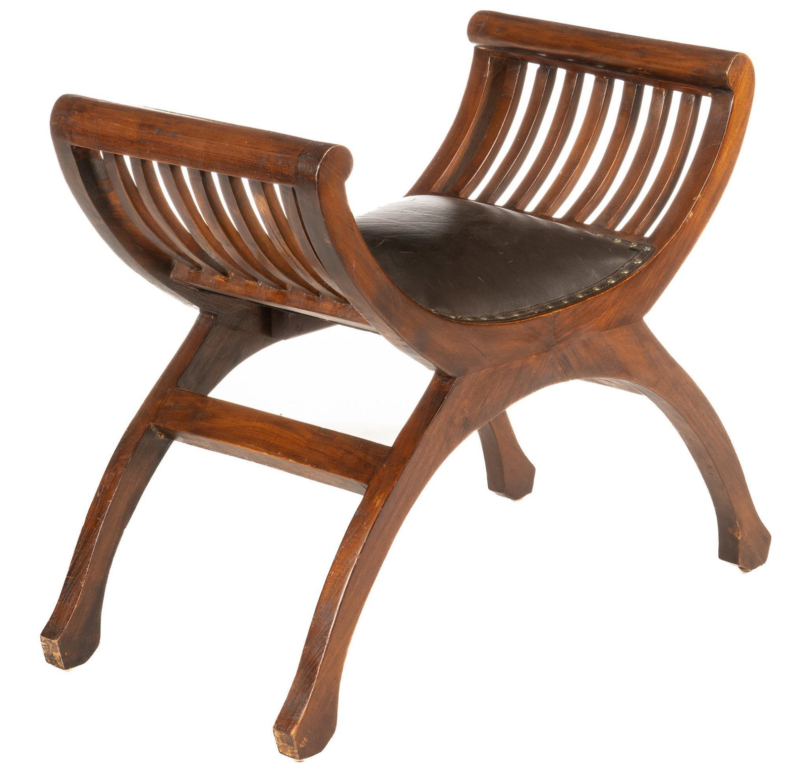 Savonarola Stool: Savonarola stool, with leather seat, metal stud trim, supported on X frame legs height 22.5 in. x width 29 in.. x depth 14.5 in. We happily provide seamless shipping services on everything we sell. Pl