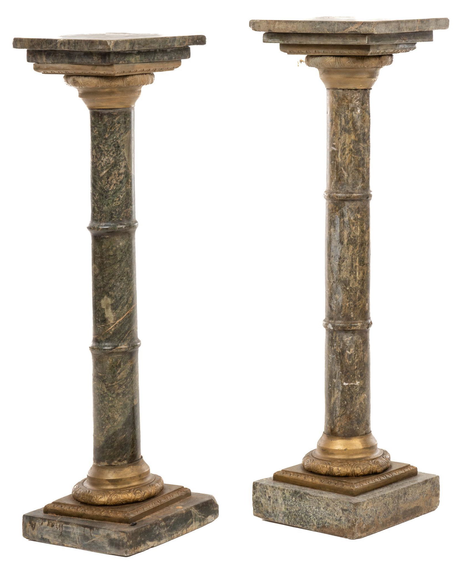 Pair of Marble Column Pedestals: Pair of marble column pedestals, Roman Tuscan style, capital and base of column featuring floral motifs, used to display decorative objects height 36 in. x width 10 in. x depth 10 in. / each Provena