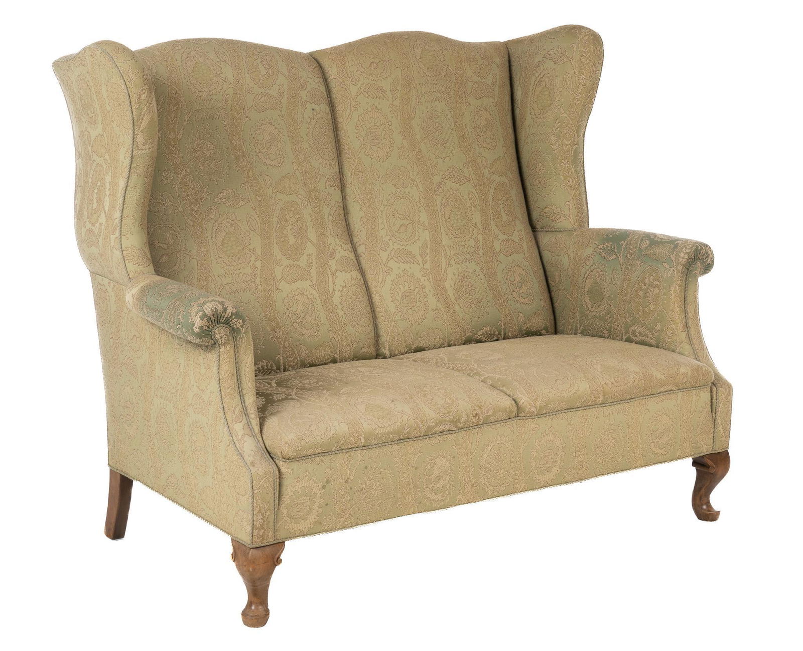 Queen Anne Style Loveseat: Queen Anne style loveseat, having high back, scrolled arms, featuring embroidered floral upholstery, supported on cabriole legs, ending in pad feet height 44 in. x width 56 in. x depth 30 in. We hap
