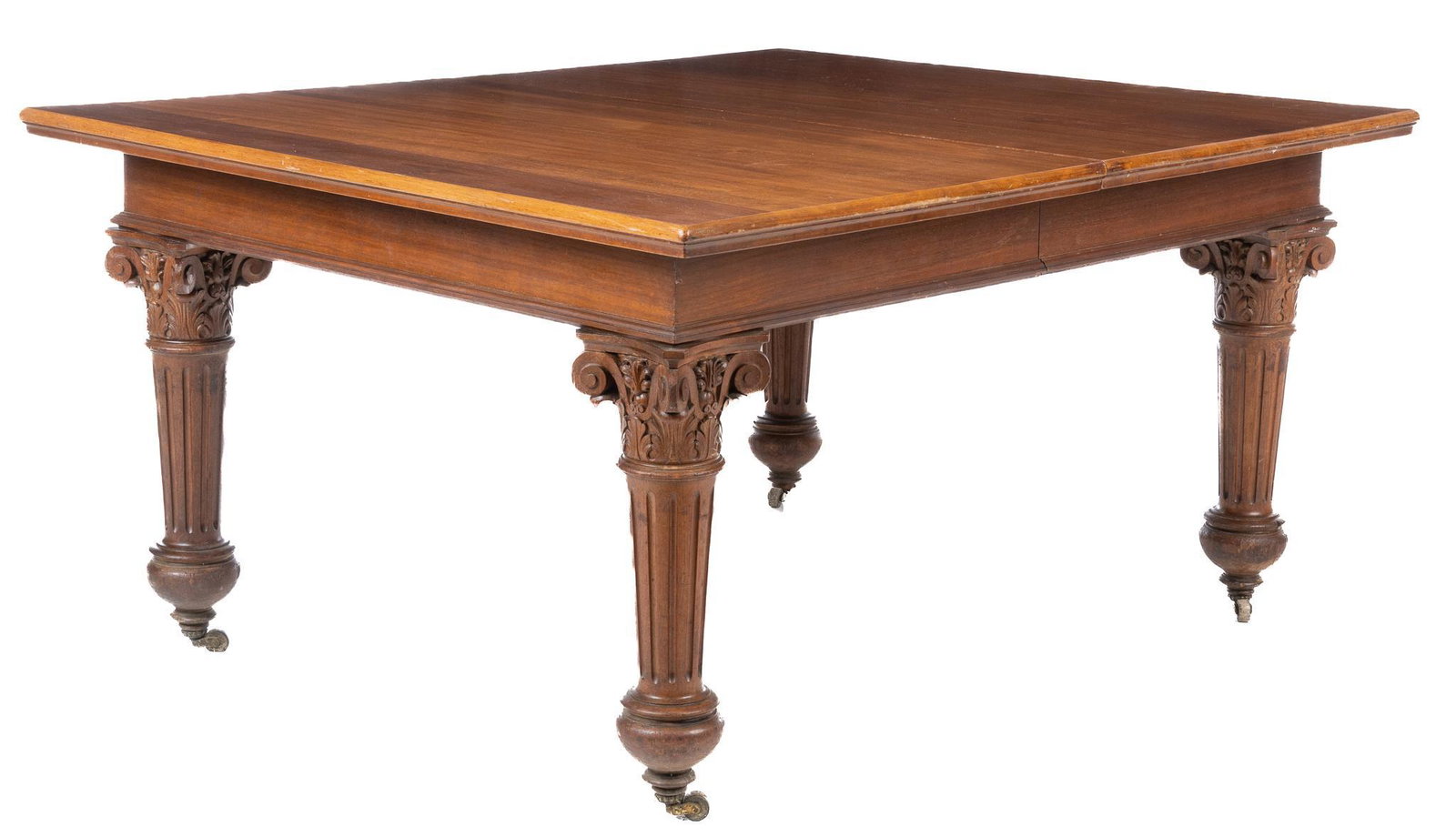 Extending Dining Table: Extending dining table, supported on fluted and tapered legs ending in casters, not to include leaves height 30 in. x width 61.5 in. x depth 49 in. / extends to approximately 166 in. We happily provid