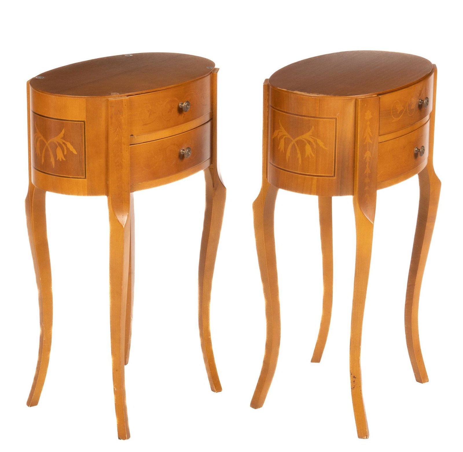 Pair of Louis XVI Nightstands: Pair of Louis XVI nightstands, having round tops, above two drawers, marquetry inlay rounded sides, supported on saber legs height 25 in. x width 16 in. x depth 10 in. / each We happily provide seamle