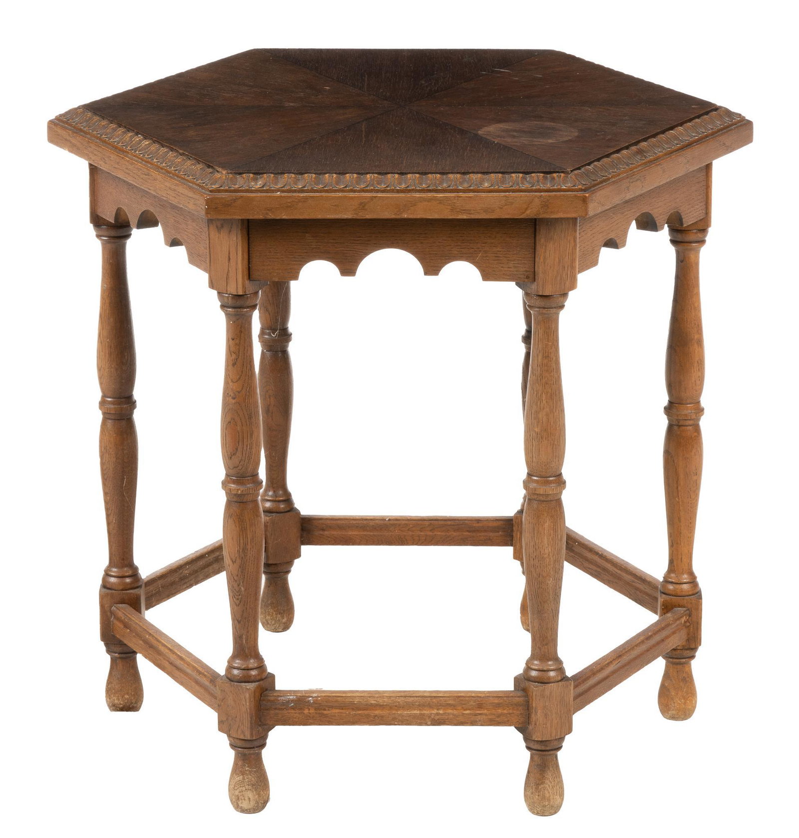 Side Table: Side table with hexagon table top, carved table skirt, supported on six stretchered turned legs height 24 in. x width 26 in. x depth 22.5 in. We happily provide seamless shipping services on everythin