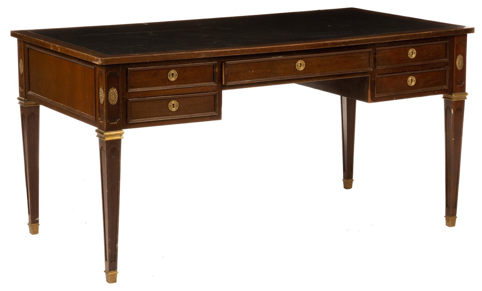 Louis XVI Style Desk: Louis XVI style desk with five locking dovetailed drawers, table top with decorative gilt edging, supported on tapered legs with brass detailing including applied brass flowers, to include two keys he