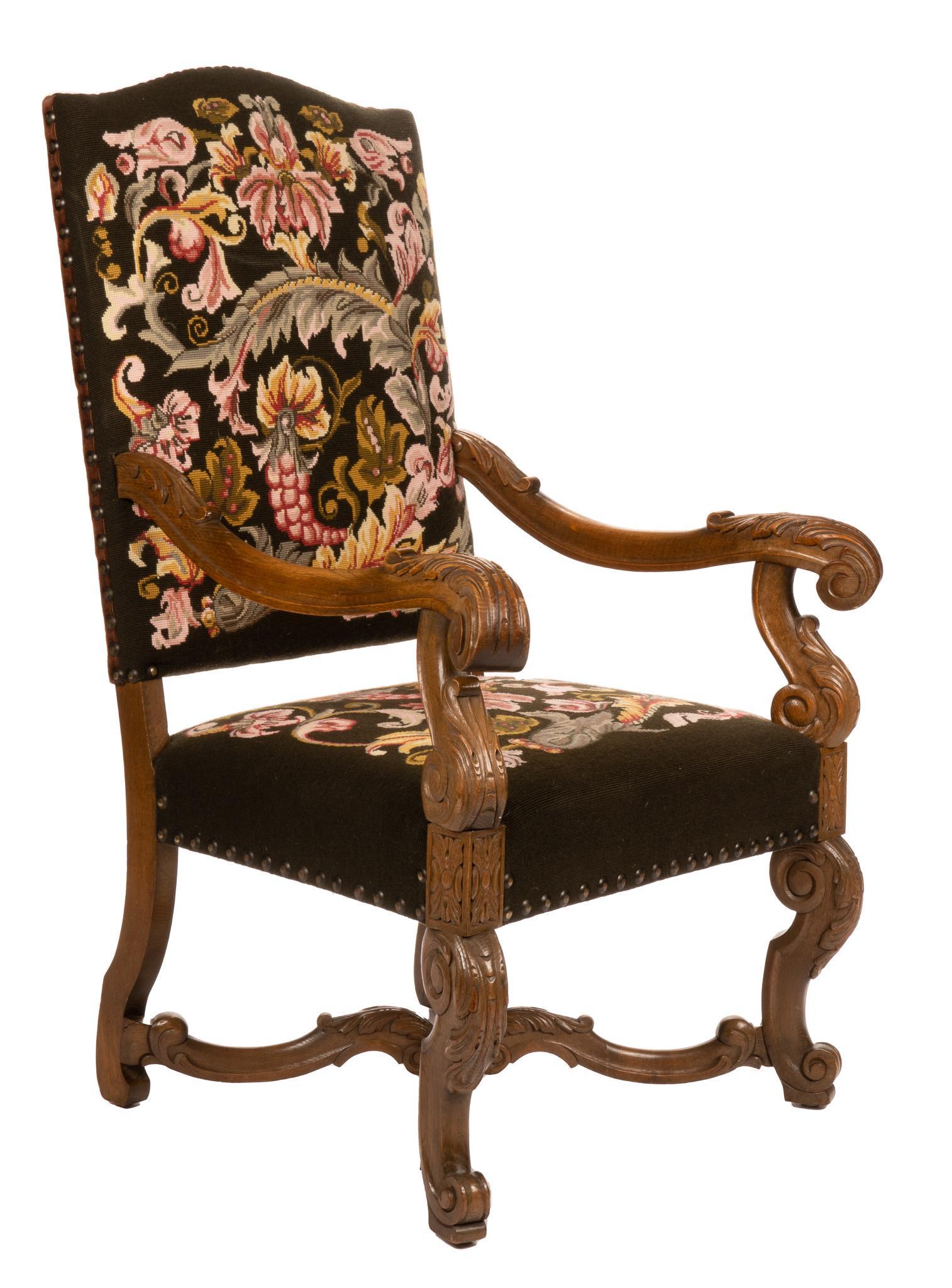 Louis XIII Embroidered Armchair: Louis XIII style embroidered armchair, with scrolled arms, supported on X-stretchered cabriole legs height 67 in. x width 28 in. x depth 25 in. We happily provide seamless shipping services on everyth