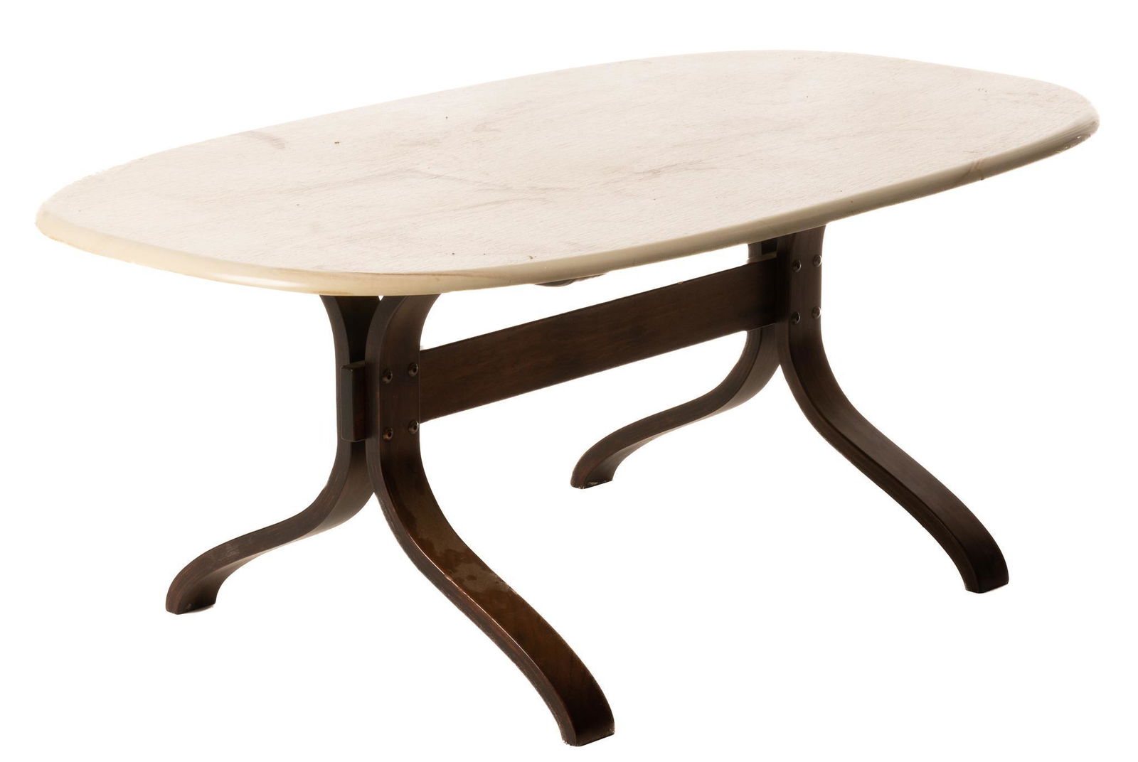 Coffee Table: Wood coffee table with oval top imitating marble, supported on stretchered base, top is removable height 21 in. x width 53 in. x depth 38.5 in. We happily provide seamless shipping services on every