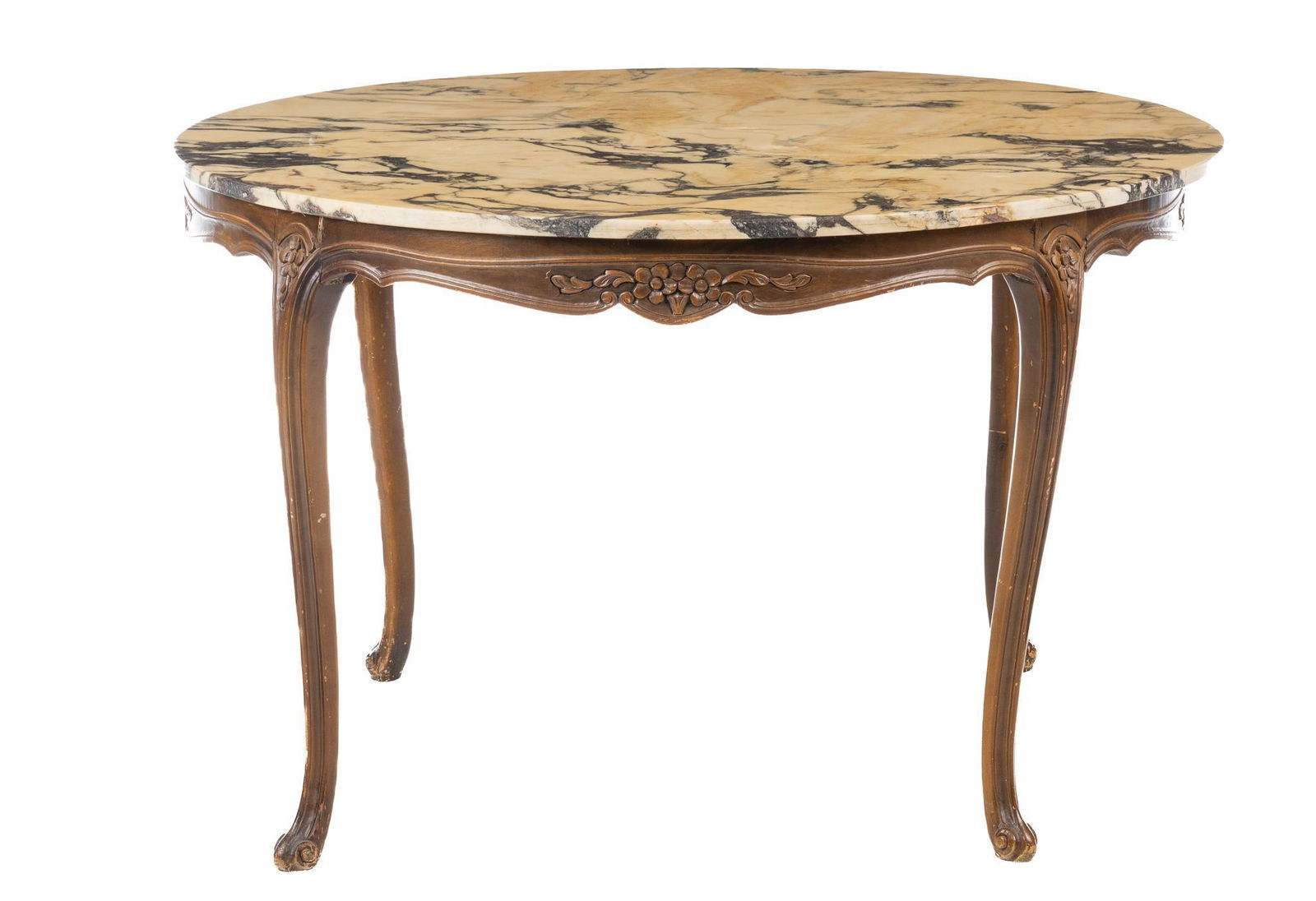 Louis XV Style Marble Top Dining Table: Louis XV style dining table, having round marble top, above carved wooden frame, featuring floral motif apron, rising on cabriole legs height 29.5 in. x diameter 47 in. We happily provide seamless