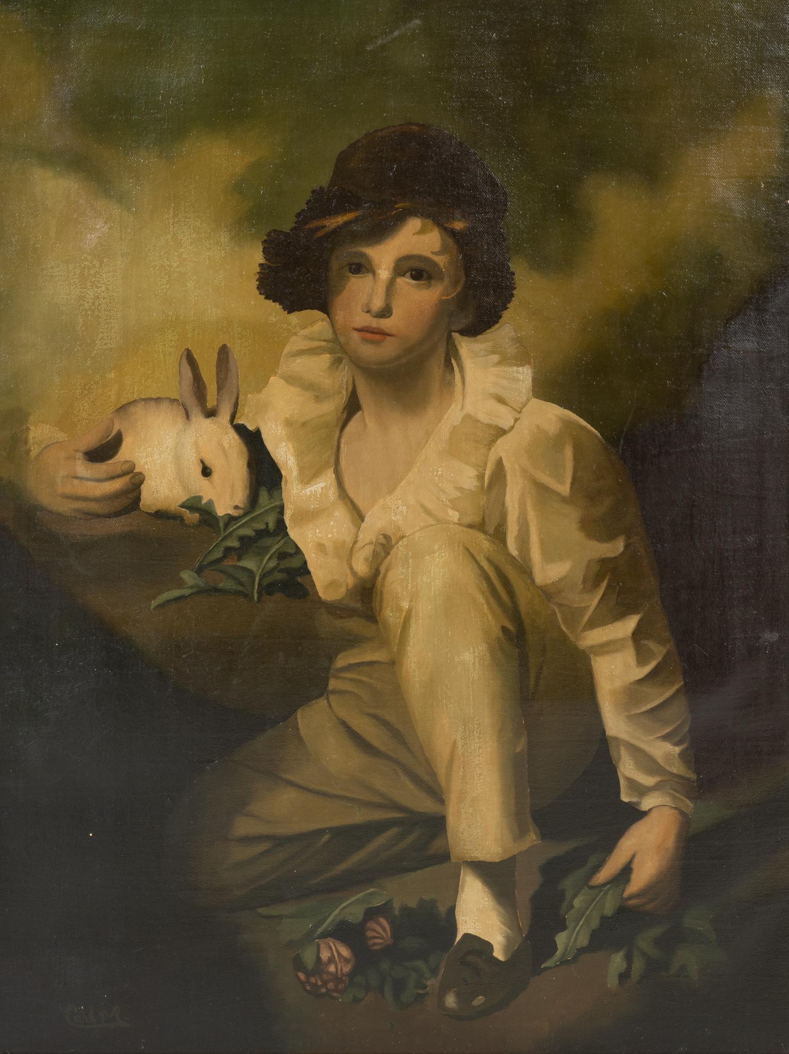 Carl M., Portrait of Youth with Rabbit: Carl M., portrait of a youth with pet rabbit, oil on canvas €â€¹€â€¹€â€¹€â€¹€â€¹€â€¹€â€¹sight: 37.5 x 27.5 in., frame: 42 x 33 in. We hap
