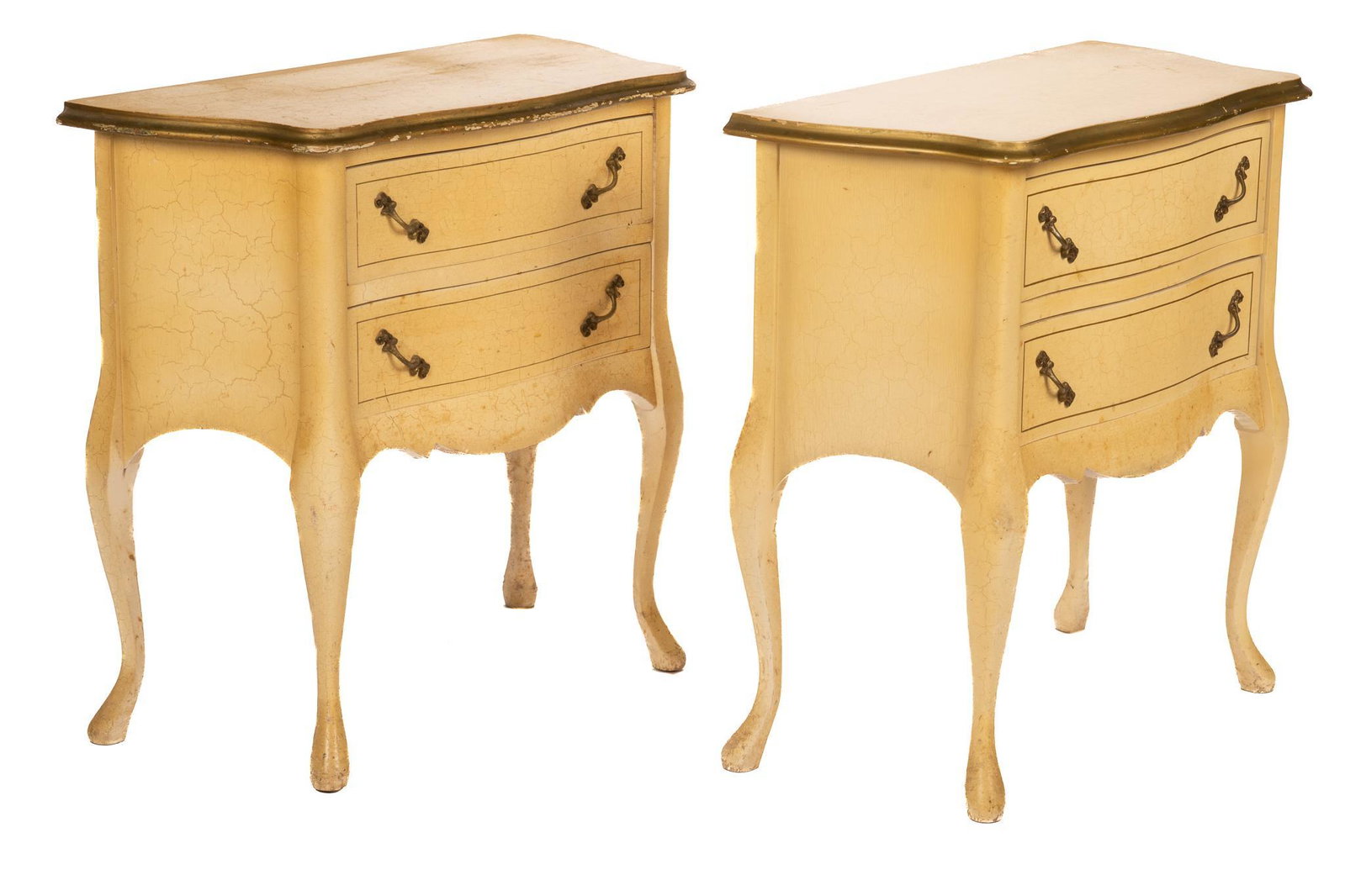 Pair of Queen Anne Style Nightstands: Pair of Queen Anne style nightstands, having beveled tops, over two drawers, with angled hardware, above serpentine apron, supported on cabriole legs height 24 in. x width 20 in. x depth 12 in. / each