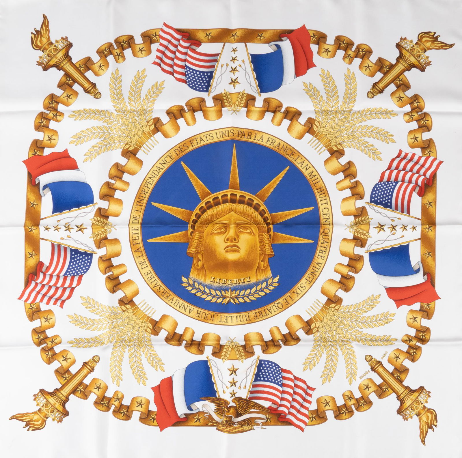 Hermes Paris Liberty Silk Scarf: Hermes silk scarf of graphic patriotic motif in red, white, blue and gold; includes gift box. Square 35 in. Provenance: A prominent San Antonio, Texas family collection We happily provide seamless