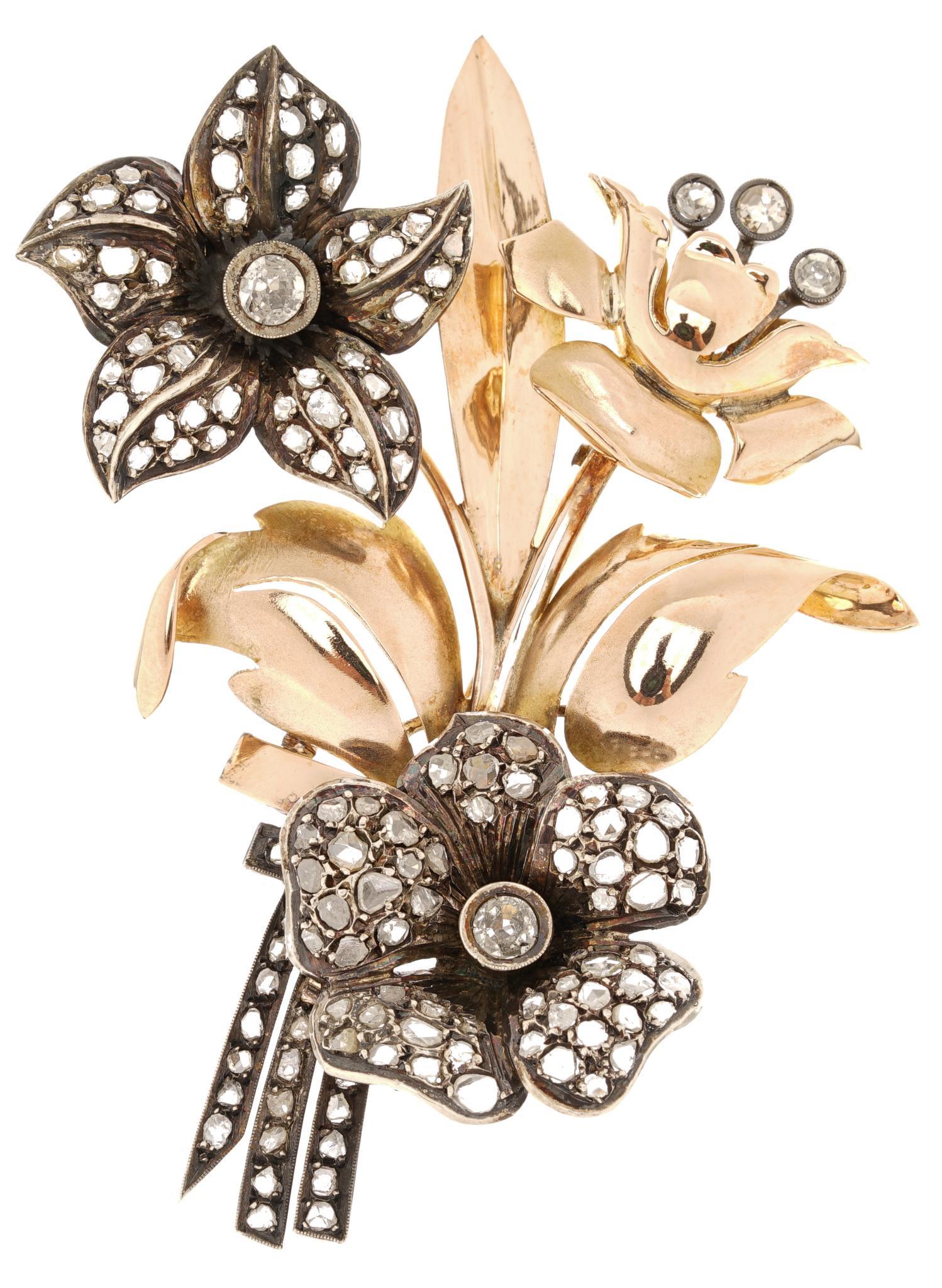 Antique  2 ctw Diamond Gold Flower Brooch (1 of 2)