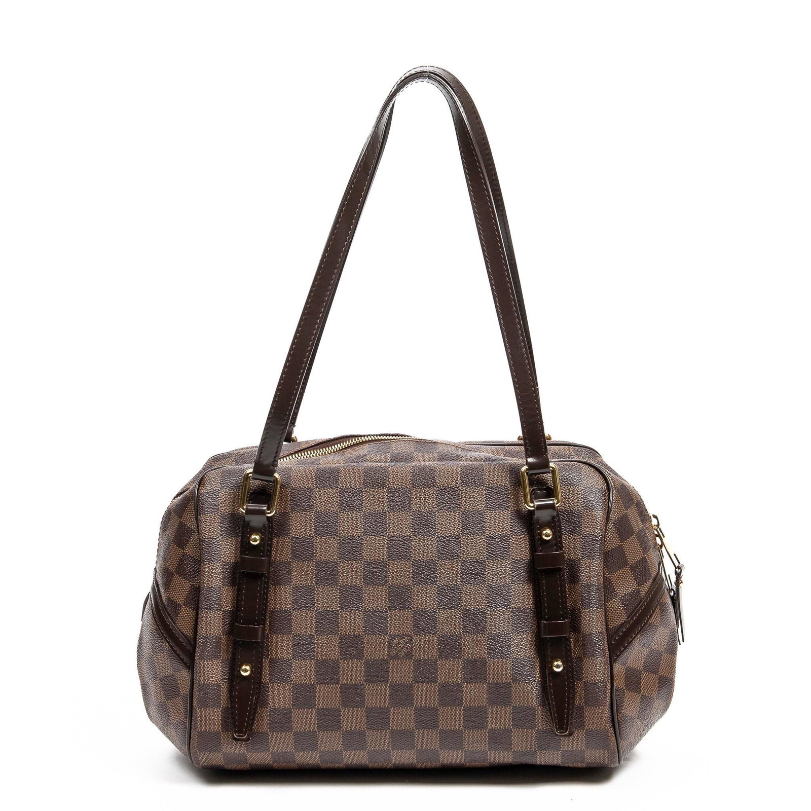 Louis Vuitton Rivington GM Shoulder Bag: Louis Vuitton Rivington GM shoulder bag of Damier Ebene brown coated canvas with leather handles and golden brass hardware; marked FL2170 (27th week of 2010). 11.75 in x 8.25 in x 6.75 in Condition AA