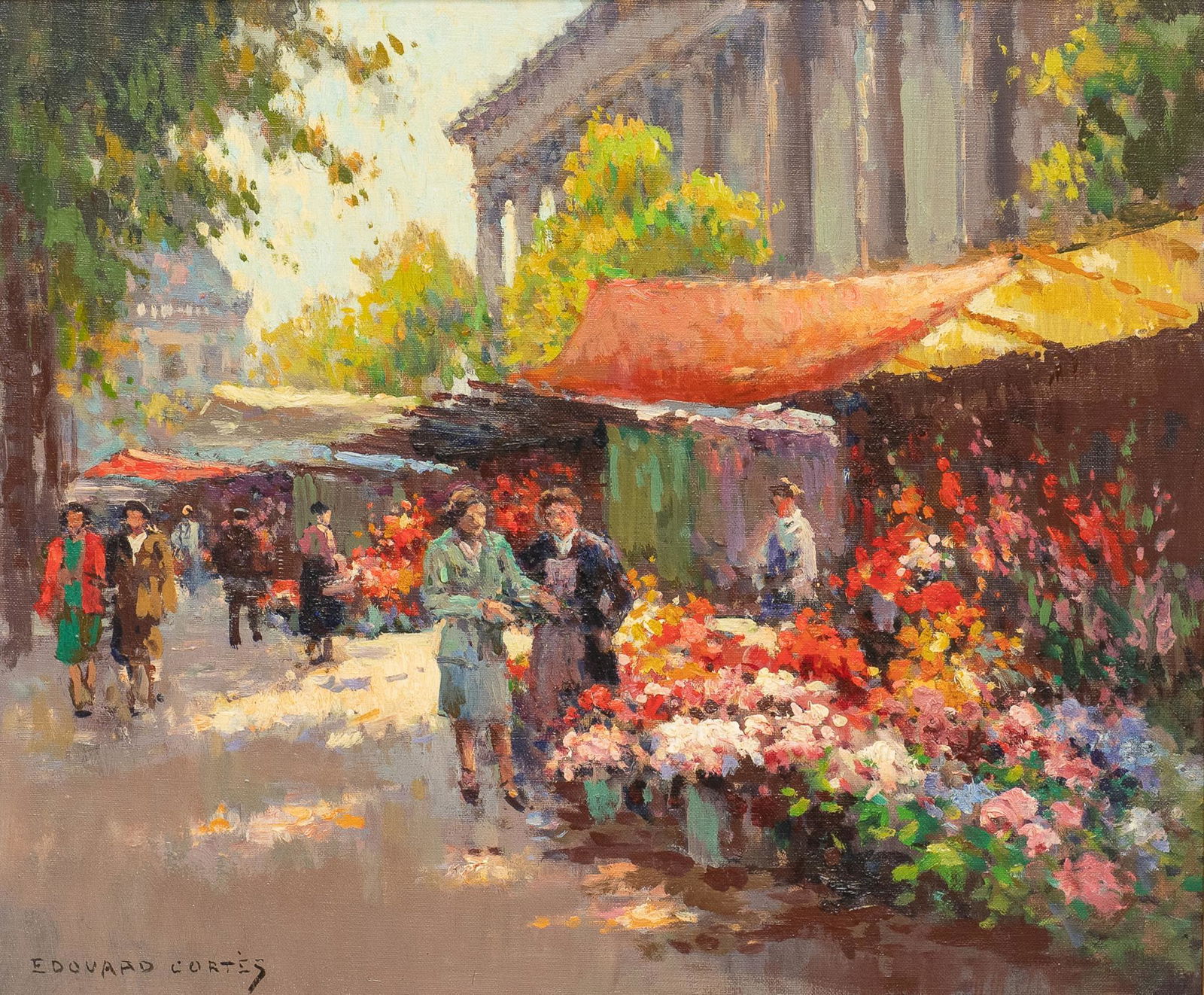 Edouard Cortes, "Marche aux Fleurs": Edouard Cortes Edouard Cortes (French, 1882-1969), "Marche aux Fleurs" ("Flower Market"), oil on canvas. sight: 18 x 21 in., frame: 26 x 29 in. Provenance: An Austin, Texas collectio
