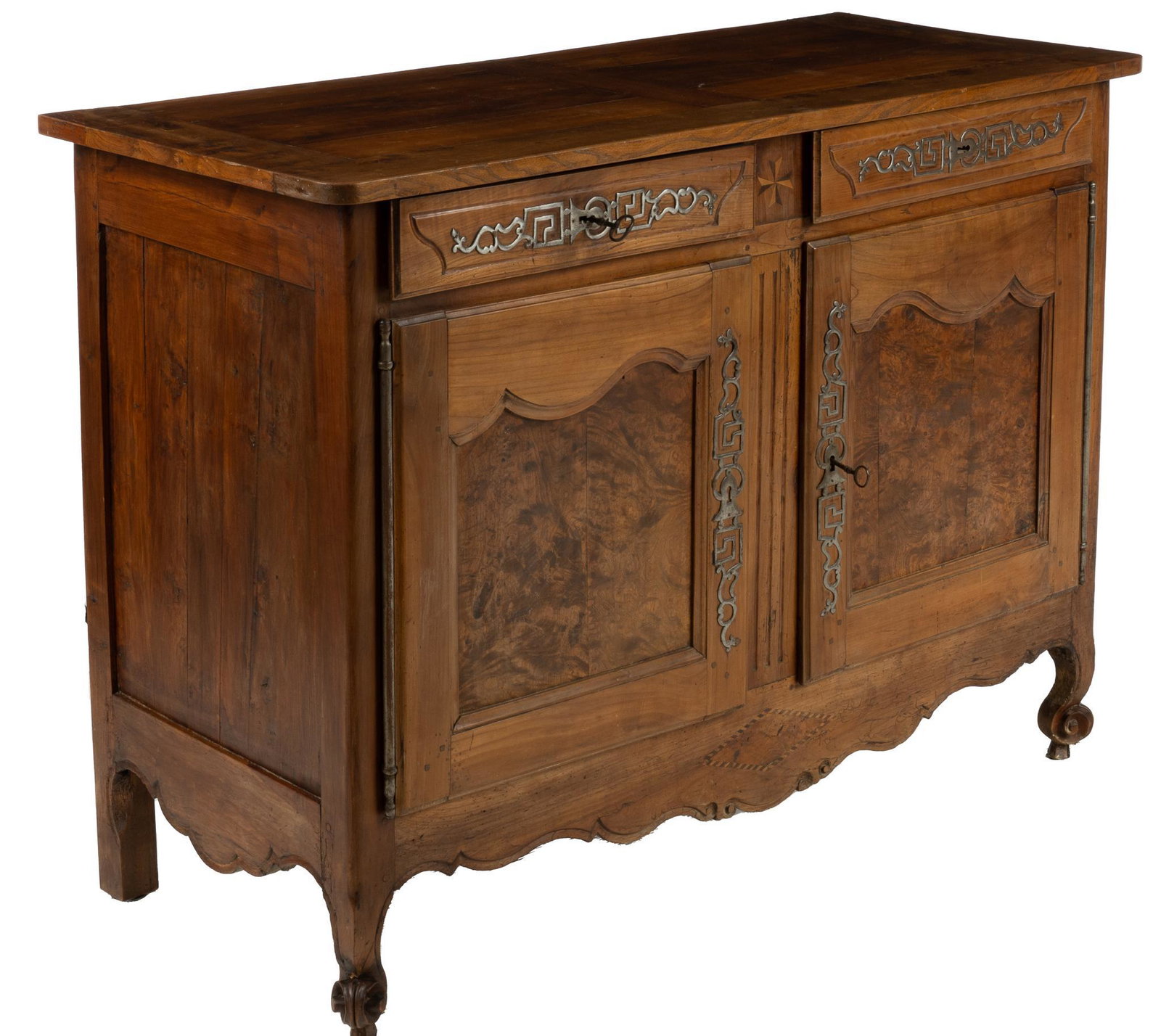 Louis XV Style Sideboard: Louis XV style sideboard with overhanging top above two drawers, below two doors opening to interior storage, applied metal accents on drawers and doors, parquetry details at center top and bottom, se