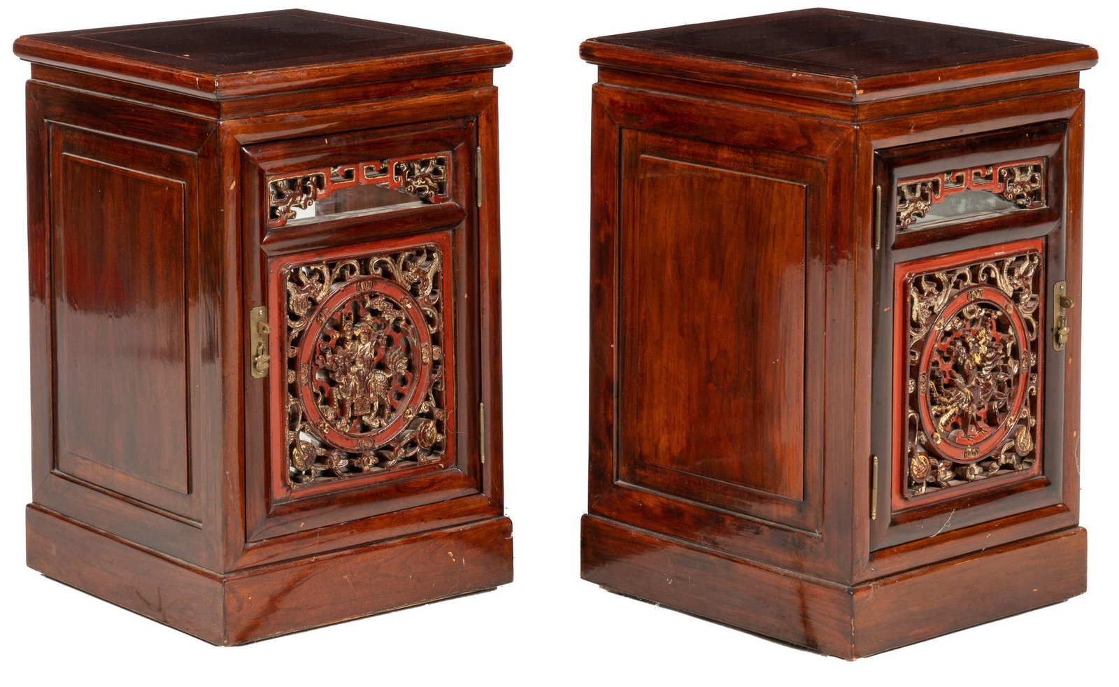Pair of Chinoiserie Nightstands: Pair of Chinoiserie nightstands, with rectangular tops, over cabinet doors, featuring pierced horse and rider motif, gilt, opening to interior shelf height 24 in. x width 16 in. x depth 16 in. Provena