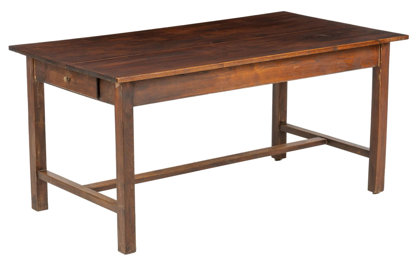 Farmhouse Table: Farmhouse table with over sized table top and a single drawer with a metal pull at one end, supported on stretchered bock legs height 30 in. x width 63 in. x depth 35 in. We happily provide seamless s