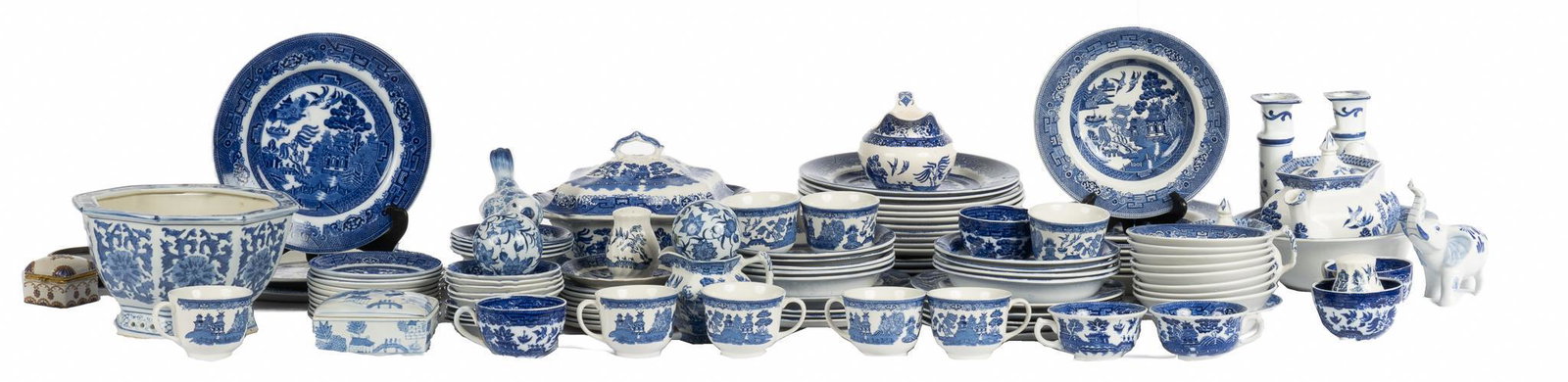 Collection of Porcelain Dinnerware and Decor: Large collection of blue and white porcelain dinnerware and decor, to include dinnerware such as approximately forty-seven plates if various sizes, fourteen teacups, approximately thirty-seven bowls,o