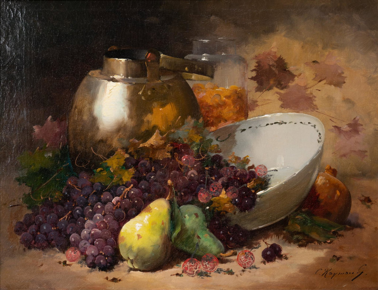 Still Life with Grapes and Kettle: Still life with grapes and kettle, oil on canvas, signature illegible sight: 19 x 25 in., frame: 26 x 31.5 in. Provenance: an Alamo Heights, Texas collection Condition: some areas of plaster loss on f