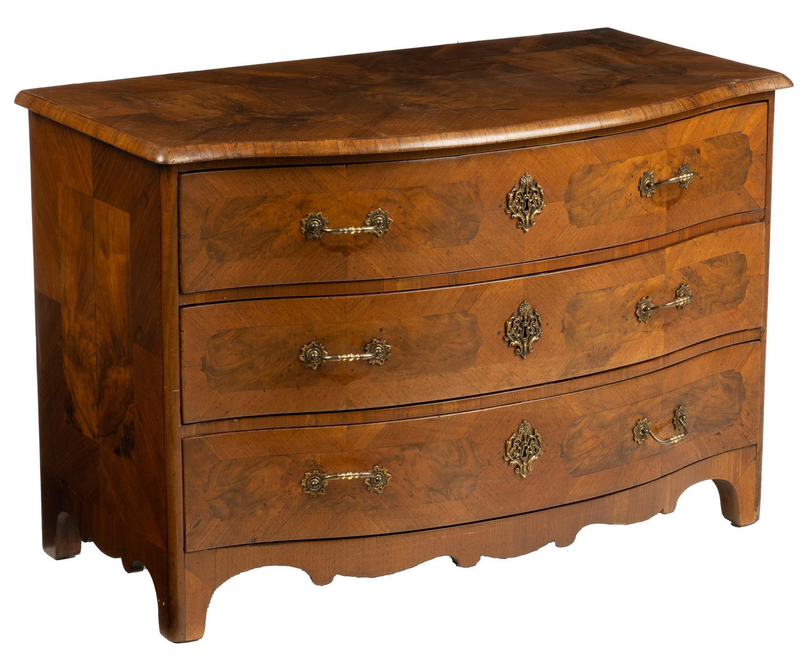 Chest of Drawers: Chest of drawers with curved top front edge, three stacked dovetailed drawers with metal pulls, serpentine skirt, supported on block feet height 31.5 in. x width 46 in. x depth 25.5 in. We happily pro