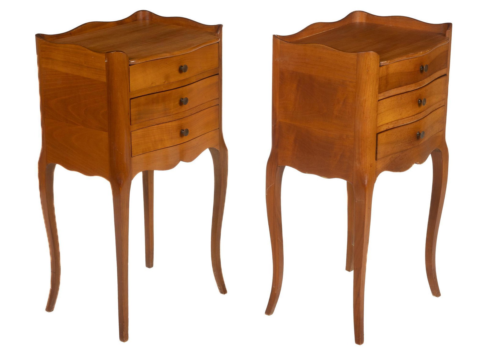 Pair of French Provincial Nightstands: Pair of French Provincial nightstands, having recessed tops, scalloped gallery, above stack of three drawers, scalloped apron, supported on cabriole legs height 27 in. x width 15 in. x depth 12 in. / 