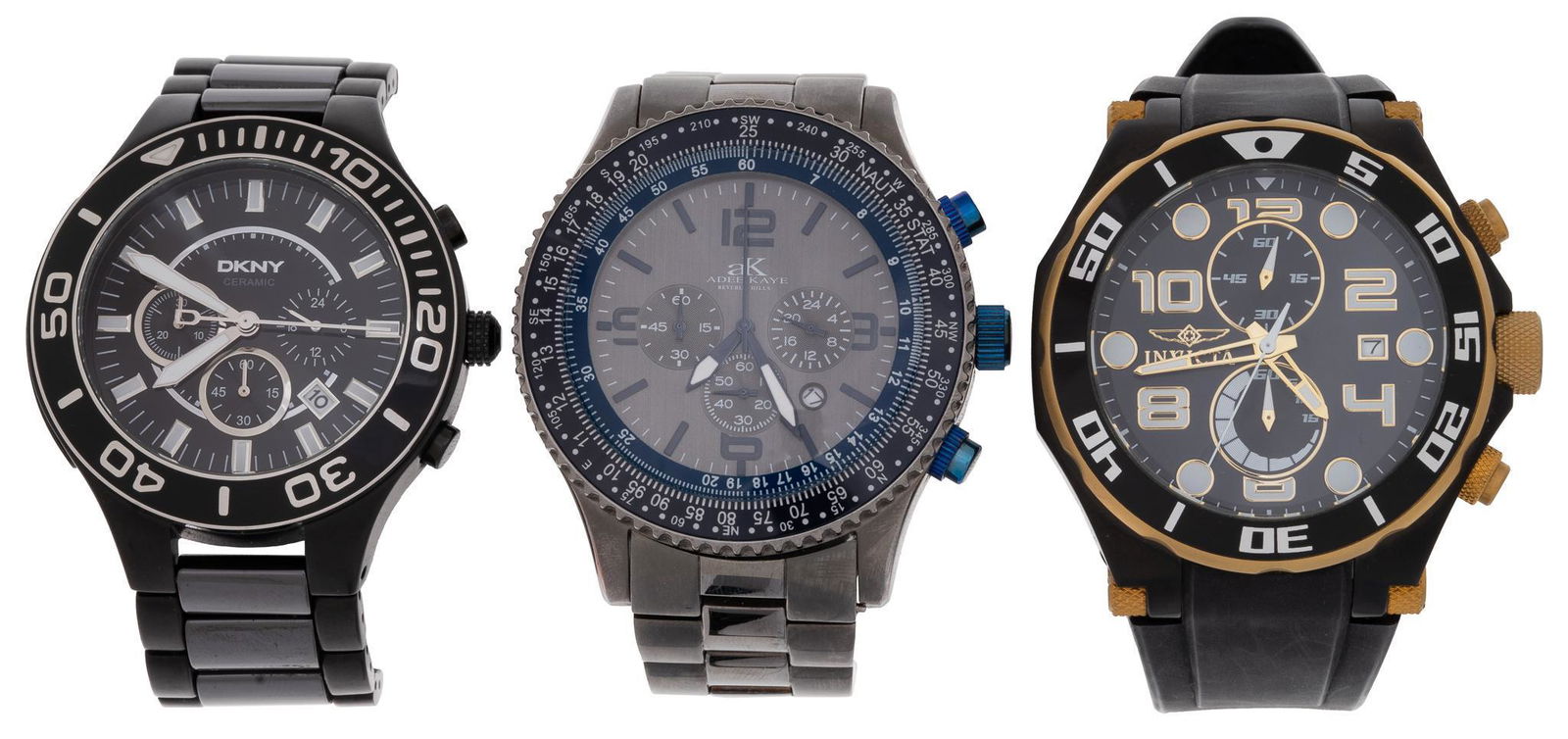 Collection of Chronograph Diver's Watches: Collection of men's wristwatches includes DKNY Ceramic, Adee Kaye of Beverly Hills and Invicta Pro Diver Masters of the Oceans. Diameters 48-50mm Provenance: Property from a Terrell Hills, Texas