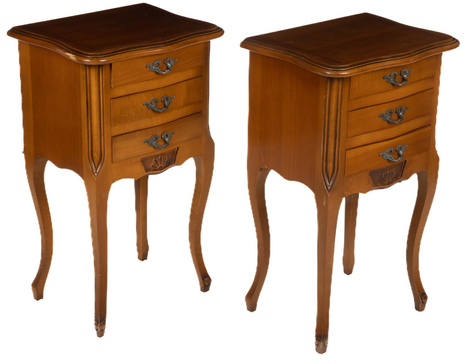 Pair of Nightstands: Pair of nightstands, each with scalloped edge table tops above three stacked drawers with metal pulls, carved floral motif on the front of the skirt, supported on cabriole legs height 26.5 in. x width