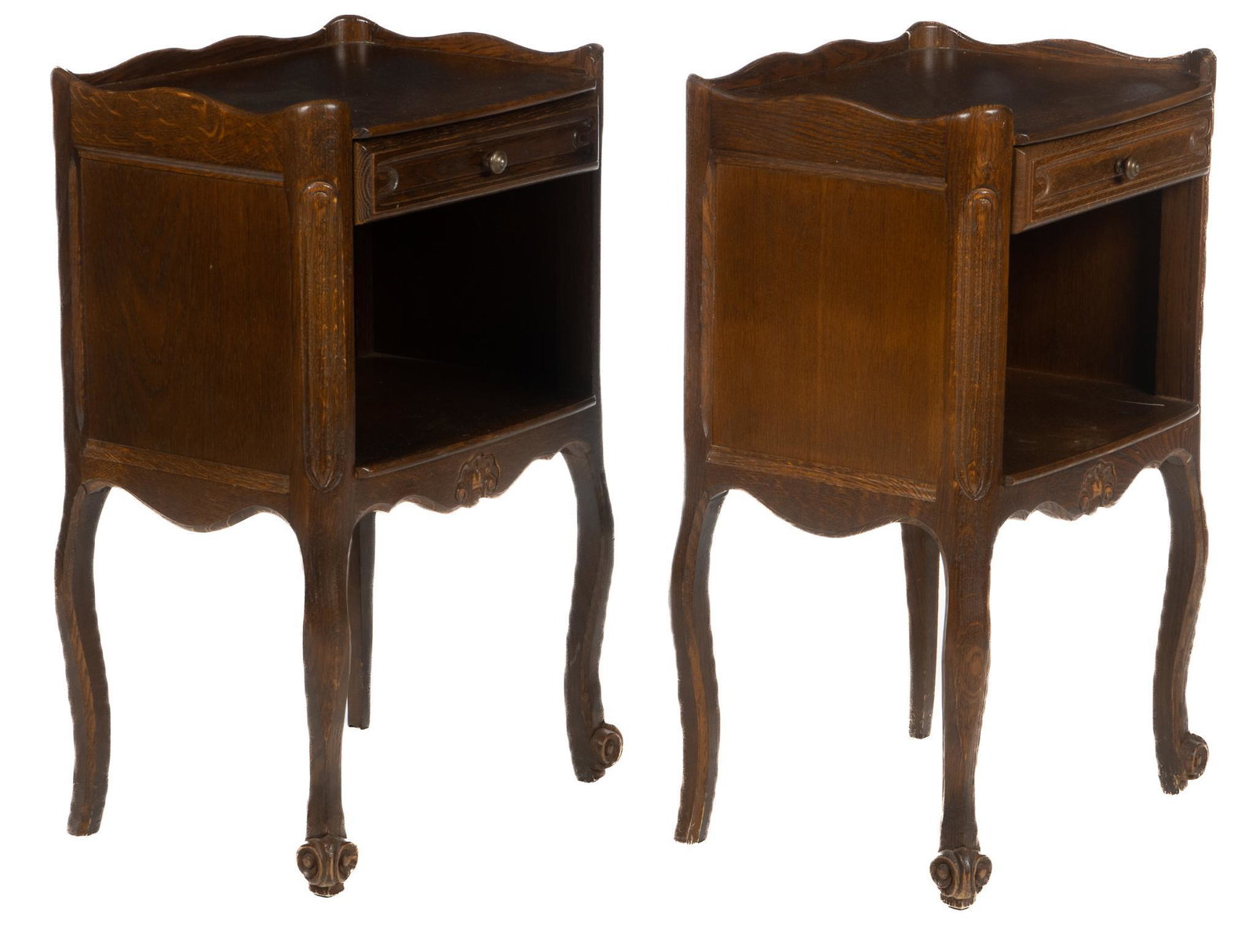 Pair of Louis XV Style Nightstands: Pair of Louis XV style nightstands, with recessed top, scalloped gallery, above sliding drawer, marked "Riskoff Light", open storage niche, over carved apron, with sea shell motif, supported o