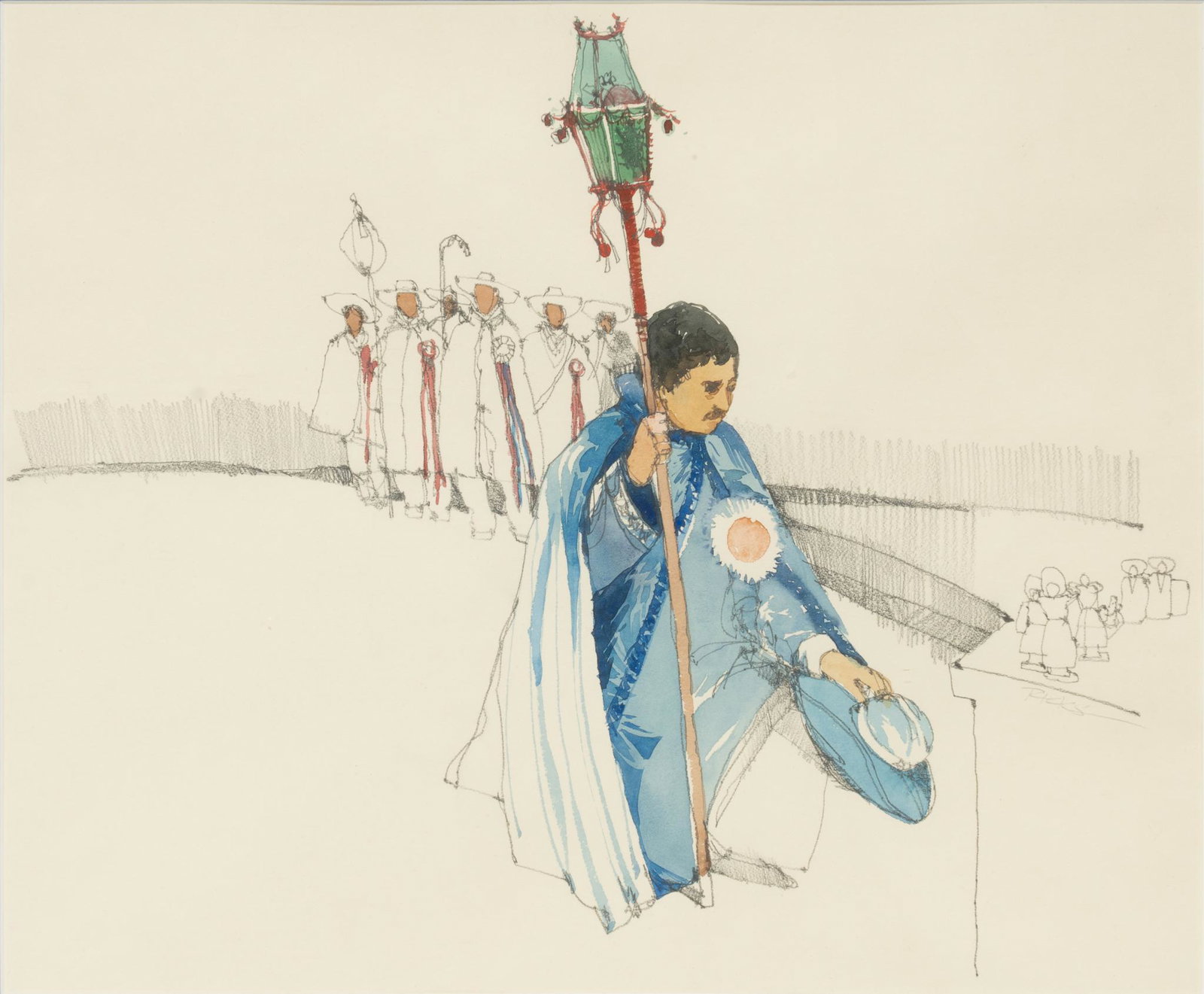 Signed Ricks, Procession Scene: Signed Ricks, procession and pilgrimage scene, watercolor, graphite, and ink on paper sight: 14 x 17 in., frame: 22 x 25 in. Provenance: a Schertz, Texas collection We happily provide seamless shippin