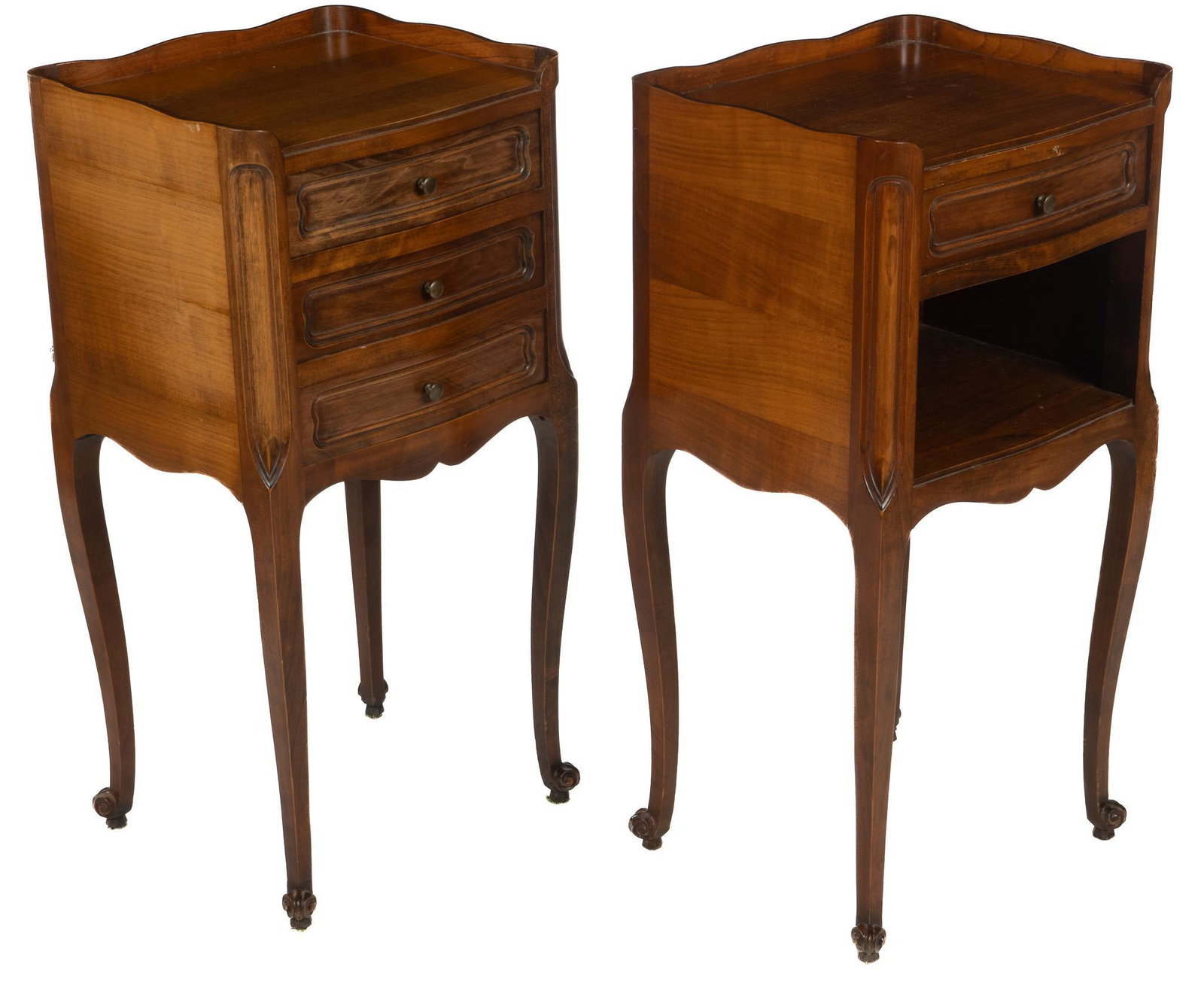 Pair of Louis XV Style Nightstands: Pair of near matching Louis XV style nightstands, both with raised scalloped edges on sides and back, one with three stacked drawers with metal pulls, the other with a single top drawer with an open s