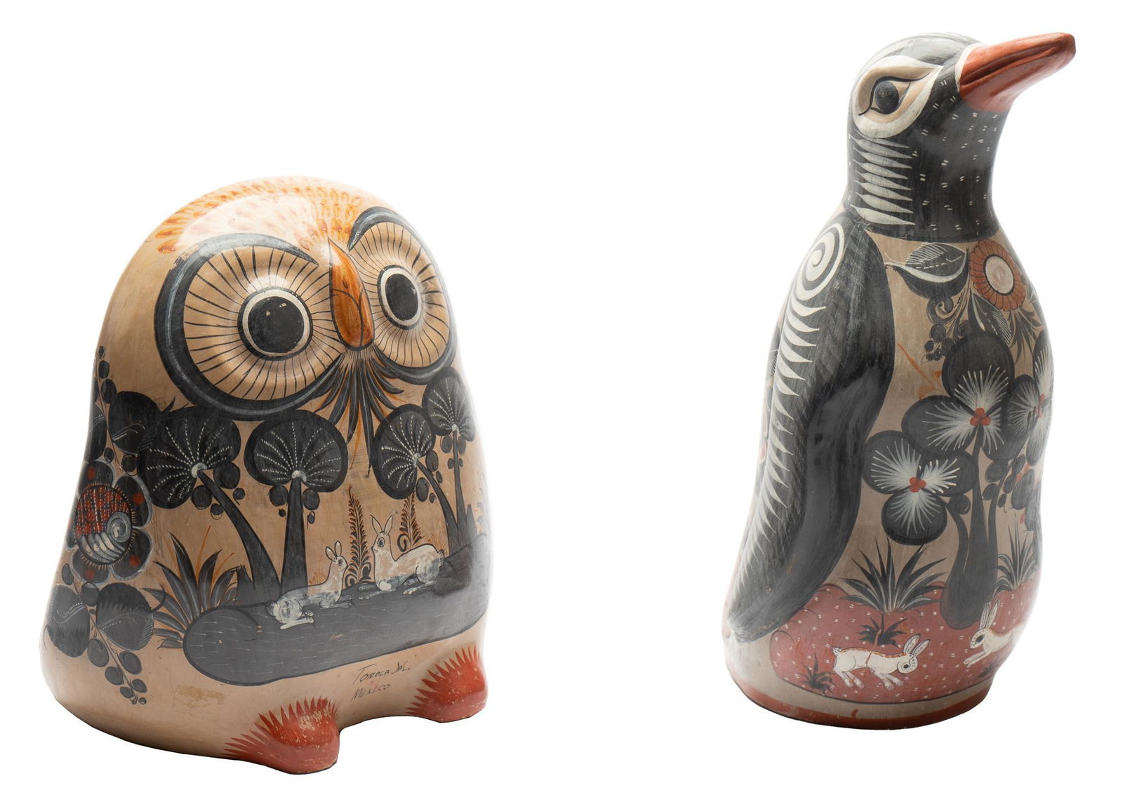 (2) Large Mexican Tonala Pottery Owl and Penguin (1 of 8)