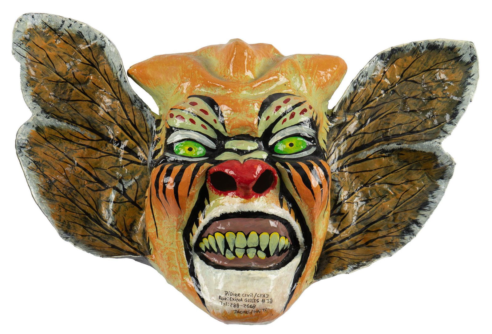 Didier Civil, Tiger Butterfly Mask: Didier Civil (Haiti, b. 1973), tiger butterfly mask, papier-mache height 14 in. x width 22 in. x depth 8 in. Provenance: a Hondo, Texas collection We happily provide seamless shipping services on e