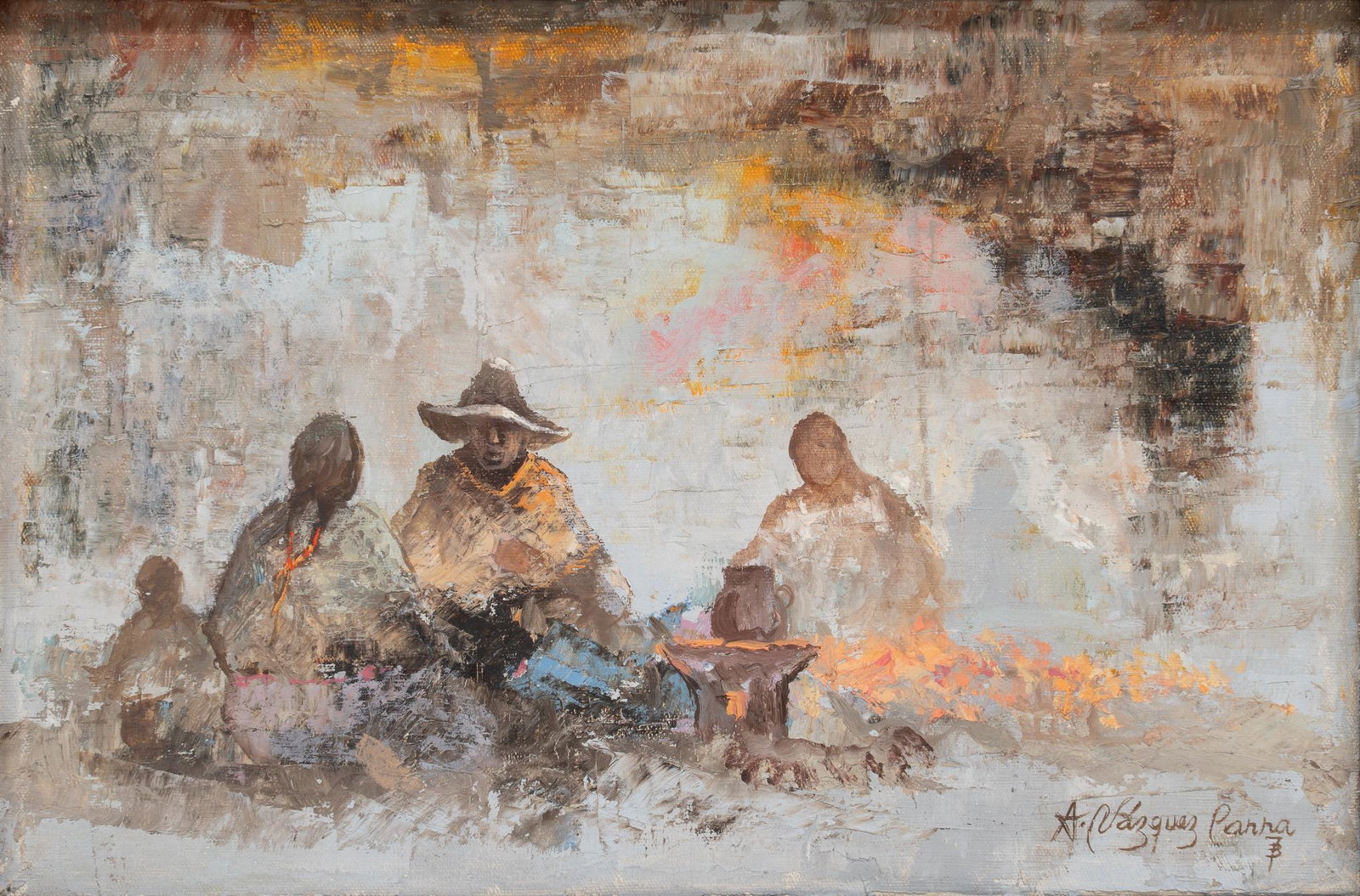 Antonio Vasquez-Parra, Marketplace, 1973: Antonio Vasquez-Parra (Mexico, 1927-1984), marketplace, 1973, oil on board sight: 8 x 12 in., frame: 9.5 x 13.5 in. Provenance: a San Antonio, Texas collection We happily provide seamless shipping ser