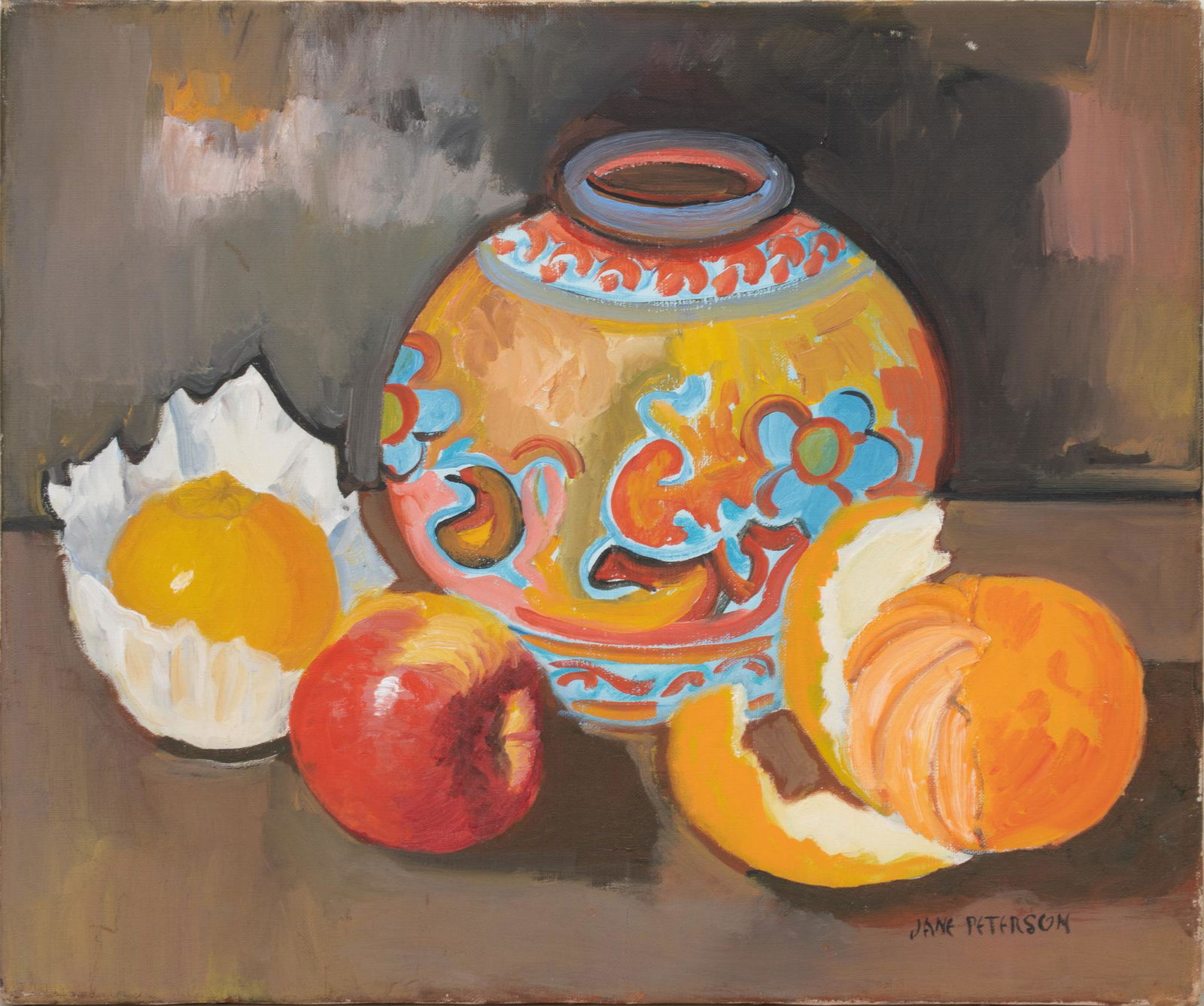 Jane Peterson, Still Life with Orange: Signed Jane Peterson, still life with orange, oil on canvas unframed size: 15 x 18 in. Provenance: Estate of Dr. Richard L. Garcia, San Antonio, Texas We happily provide seamless shipping services