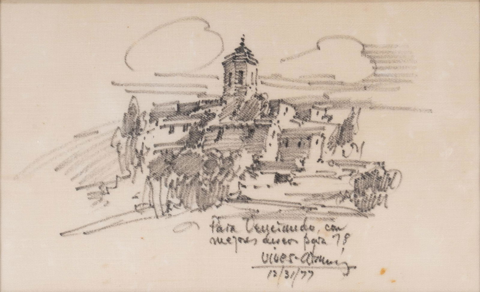 Jose Vives-Atsara, Catalonian Village Sketch: Jose Vives-Atsara, Catalonian village sketch, dedicated to a friend on 12/31/77, marker on linen sight: 10 x 16 in., frame: 12 x 18 in. We happily provide seamless shipping services on everything we