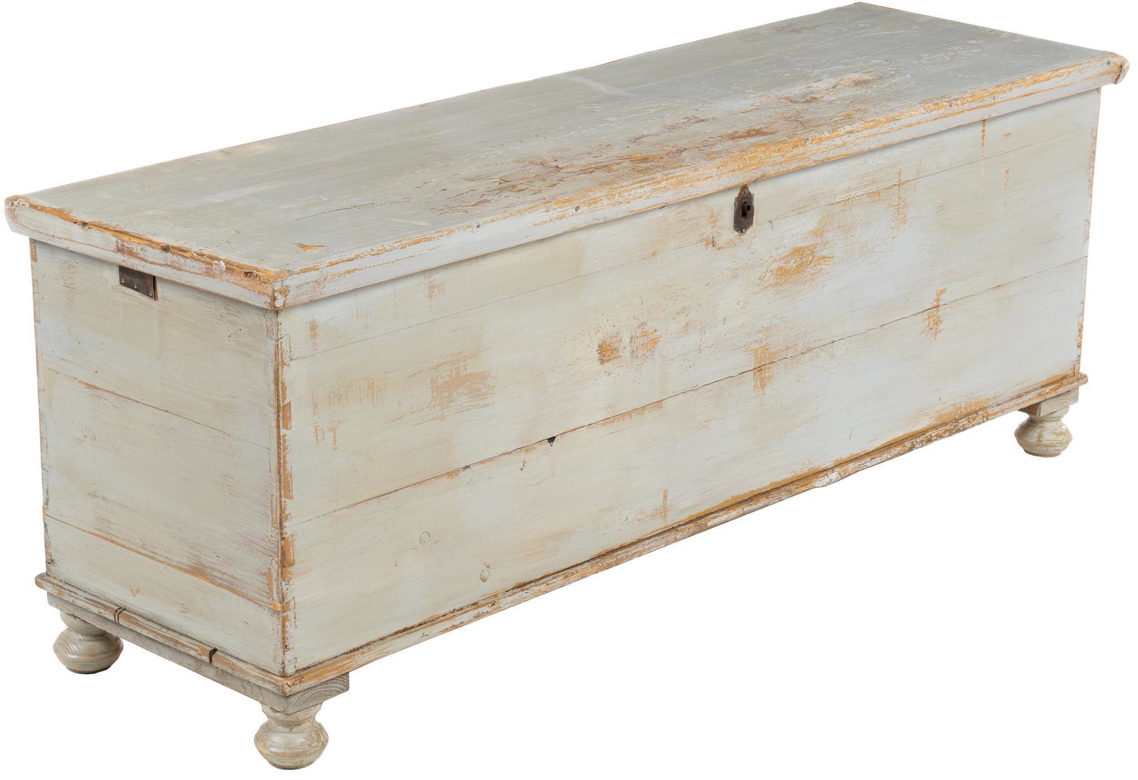 Vintage Farmhouse Grain Feed: Vintage farmhouse grain feed, with hinged lid, opening to three interior compartments, featuring hand-constructed frame, with dovetail joinery, supported on bun feet height 29 in. x width 67 in. x dep