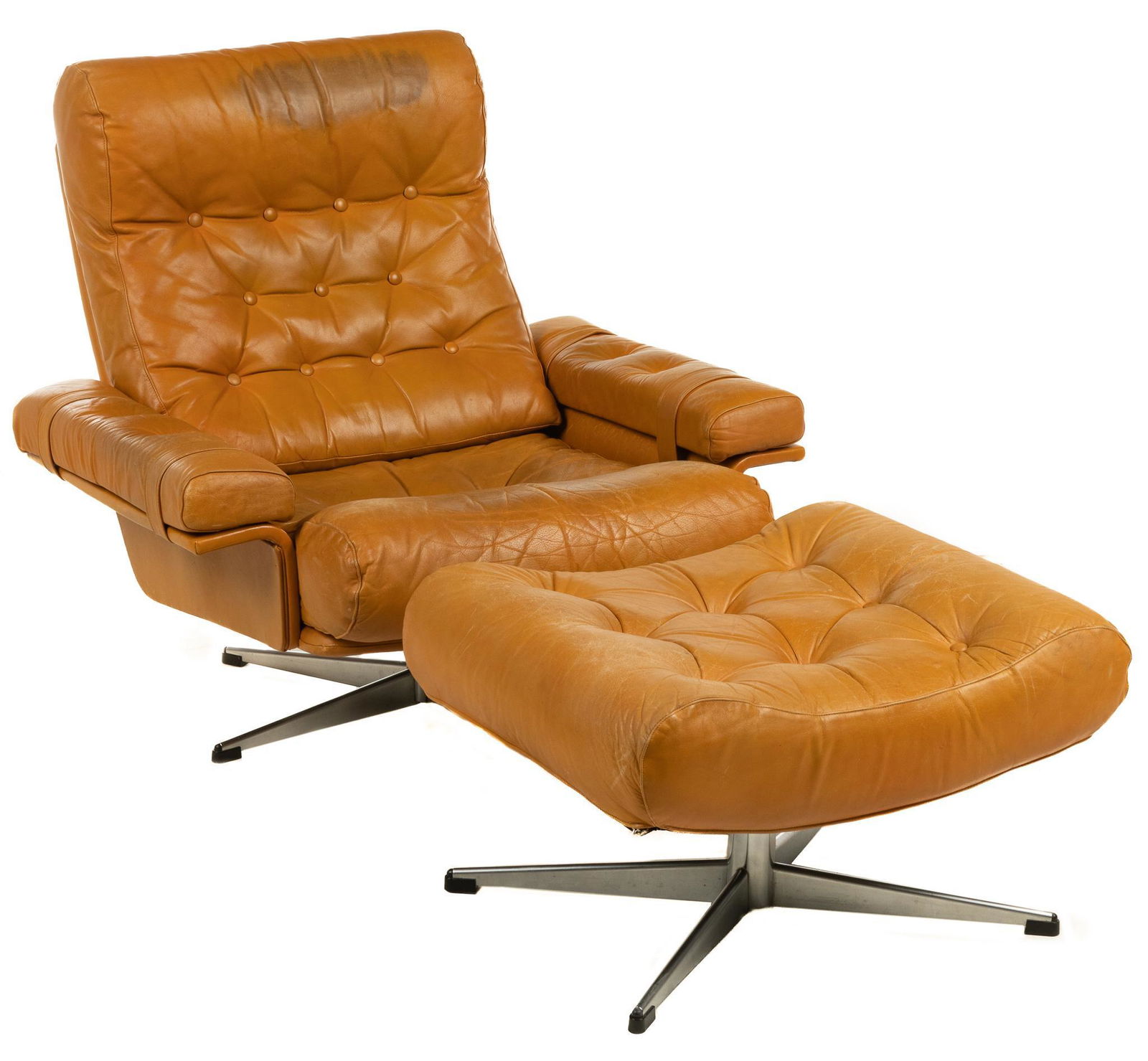 Danish Mid-Century Tan Leather Swivel Chair with Ottoman (1 of 4)